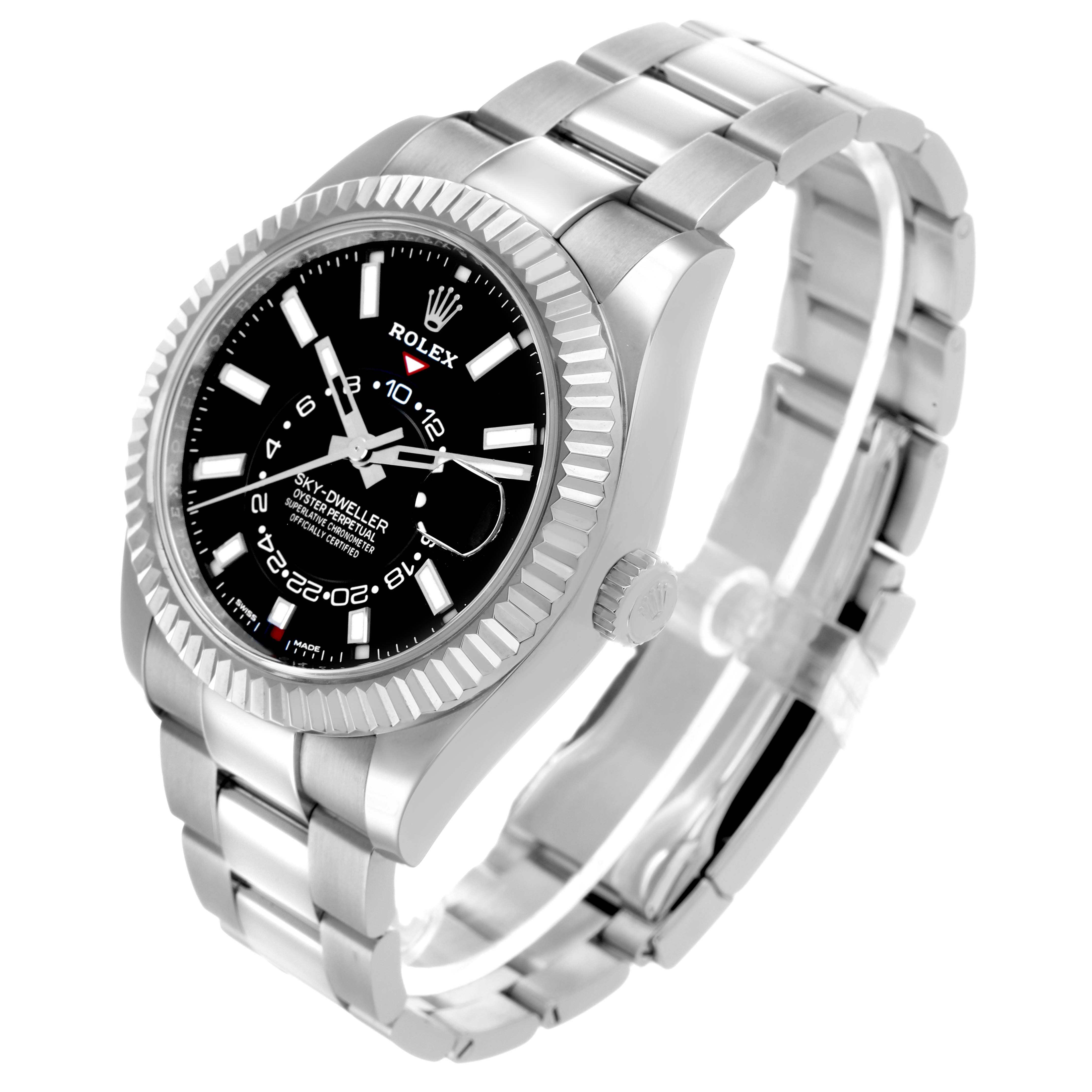 The Rolex Sky-Dweller 326934 Men's Stainless Steel Black Dial watch is shown at an angled view, displaying the face, bezel, bracelet, and crown.