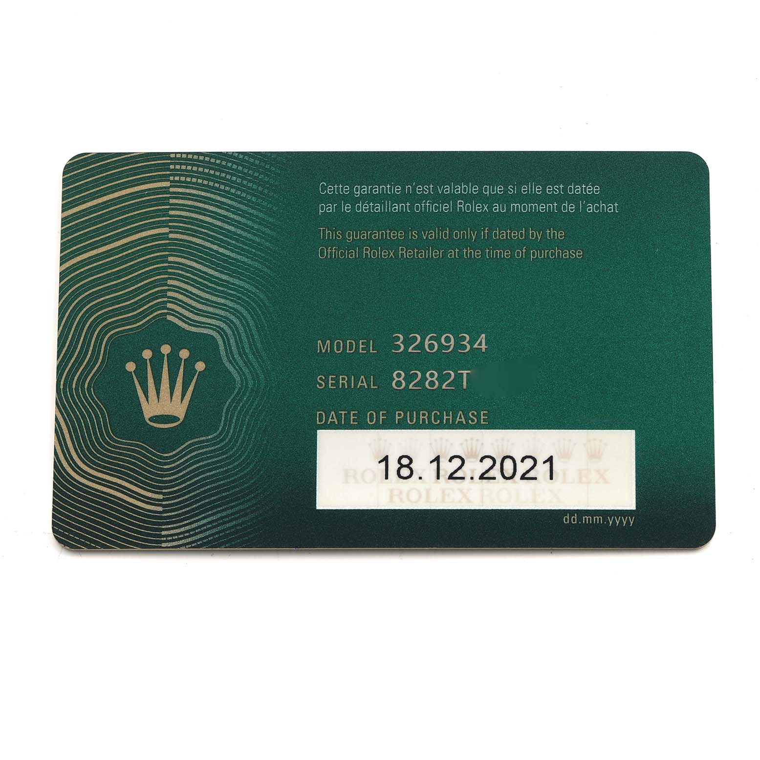 The image shows a Rolex Sky-Dweller 326934 Men's Stainless Steel Black Dial model 326934 warranty card, displaying model, serial number, and purchase date.