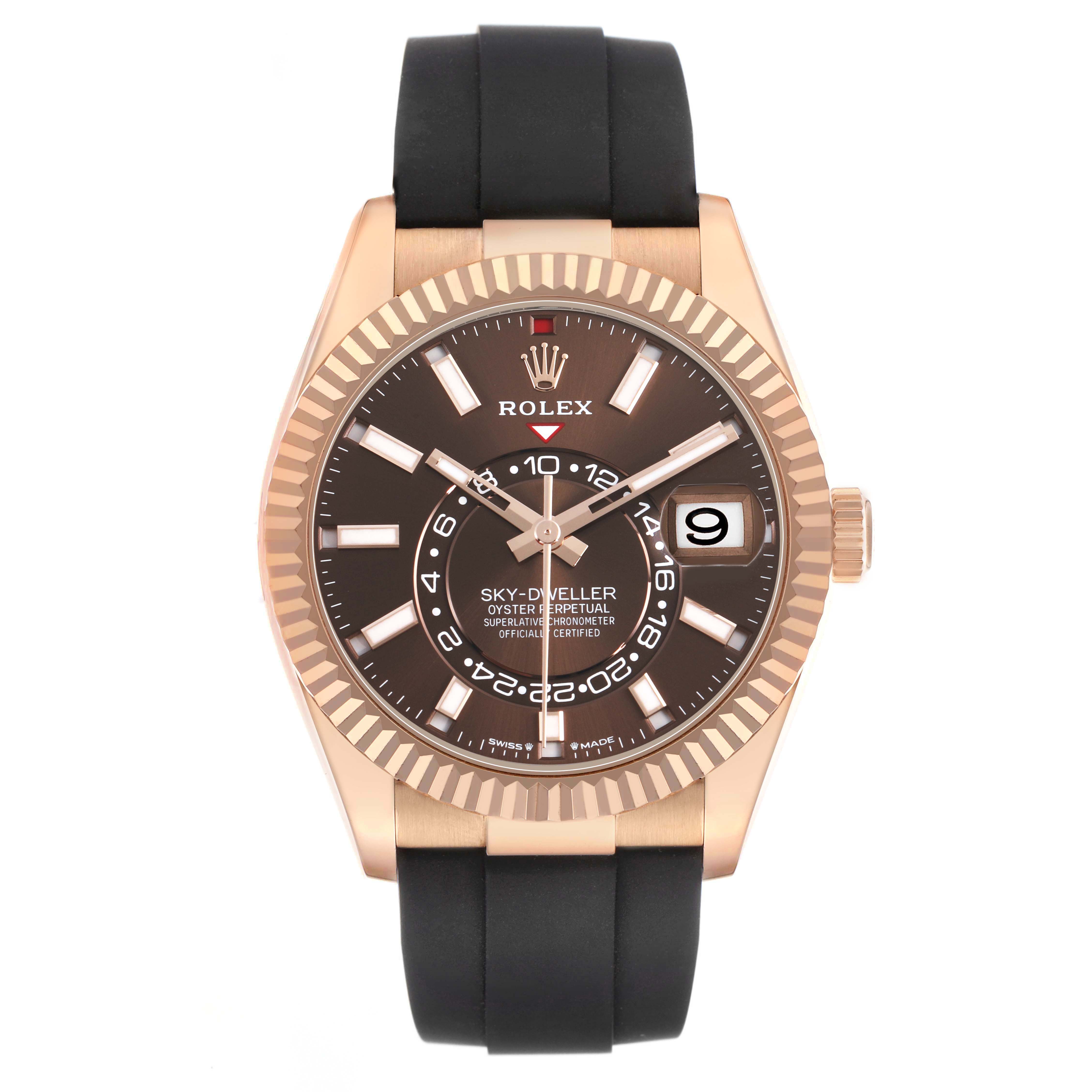 This is a Rolex Sky-Dweller watch showing the face, bezel, crown, and strap from a frontal view.