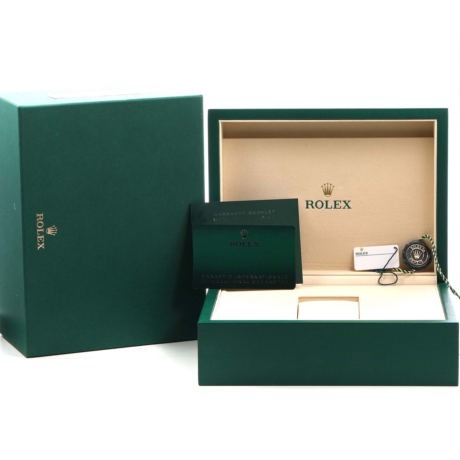 The image shows a Rolex Daytona 336235 Men's Rose Gold Brown Dial watch box from a front angle, including the box, warranty booklet, and accessories.