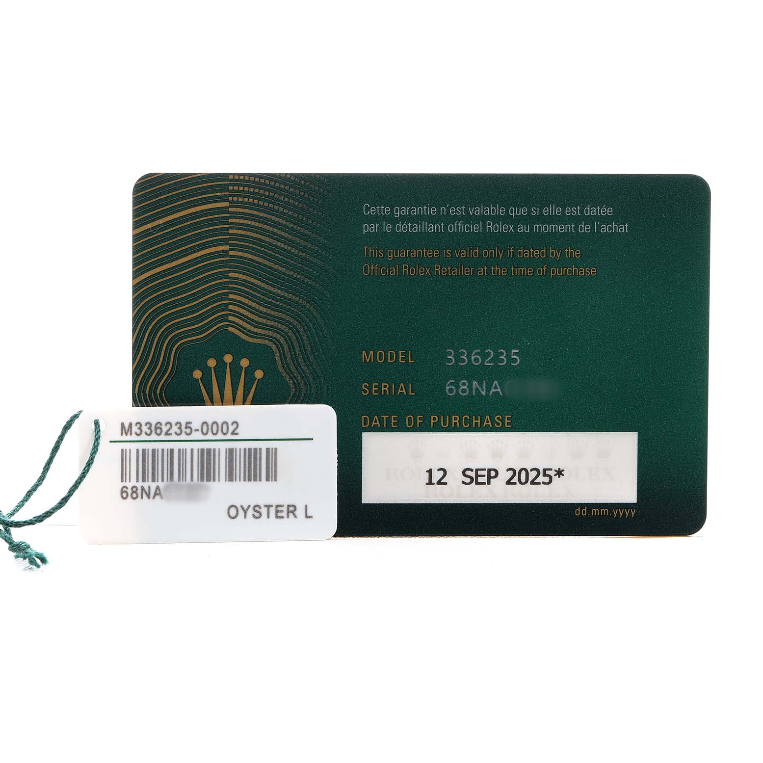 The image shows a Rolex Daytona 336235 Men's Rose Gold Brown Dial warranty card with model and serial numbers, a purchase date, and a tag attached.