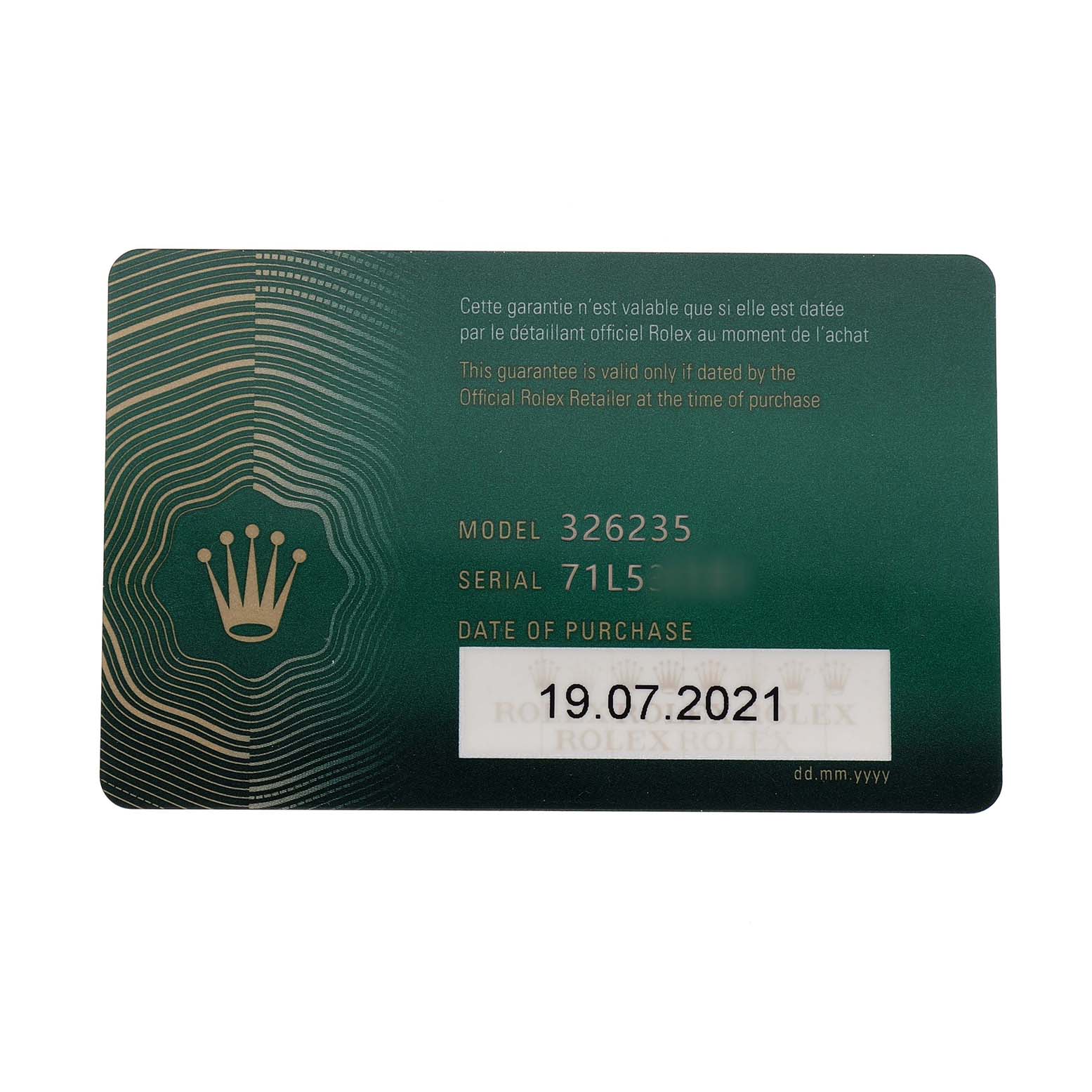 The image shows a warranty card for the Rolex Sky-Dweller 326235 Men's Rose Gold Grey Dial model, featuring the model number, serial number, and purchase date.