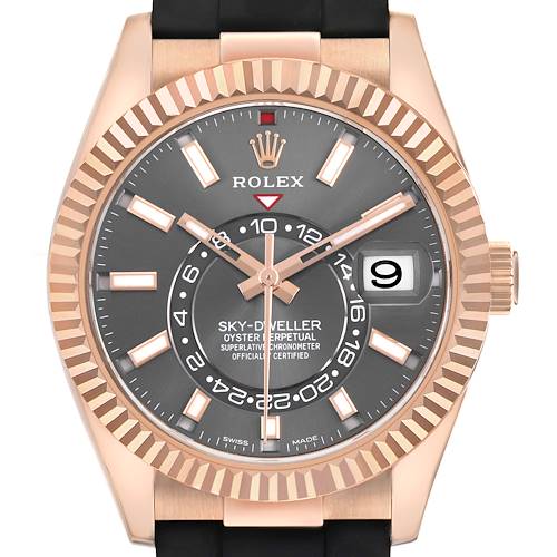 The Rolex Sky-Dweller 326235 Mens Rose Gold Grey Dial watch is shown from the front, displaying its dial, hands, bezel, and a portion of the strap.