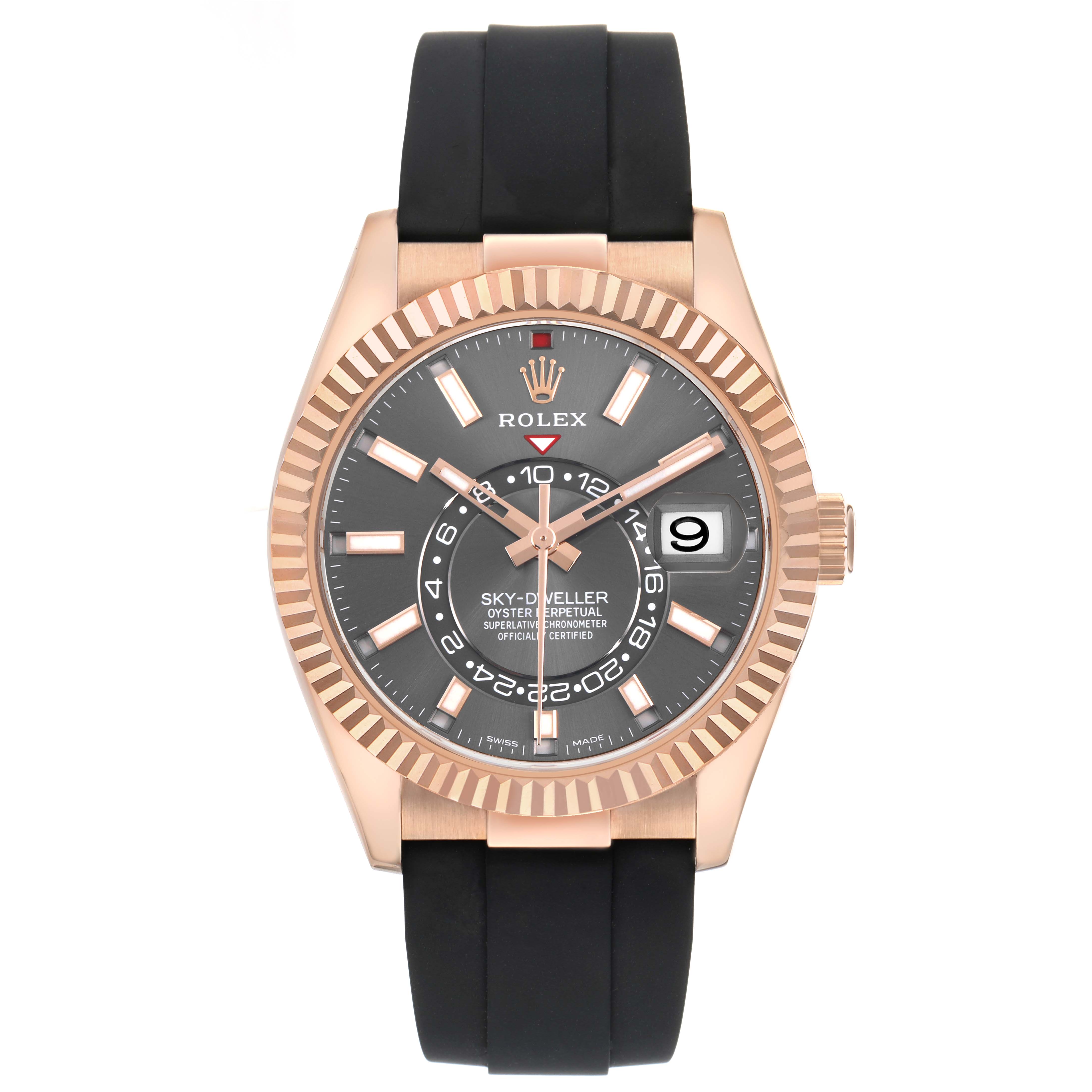The Rolex Sky-Dweller 326235 Men's Rose Gold Grey Dial is shown from a front angle, highlighting the dial, bezel, and black strap.