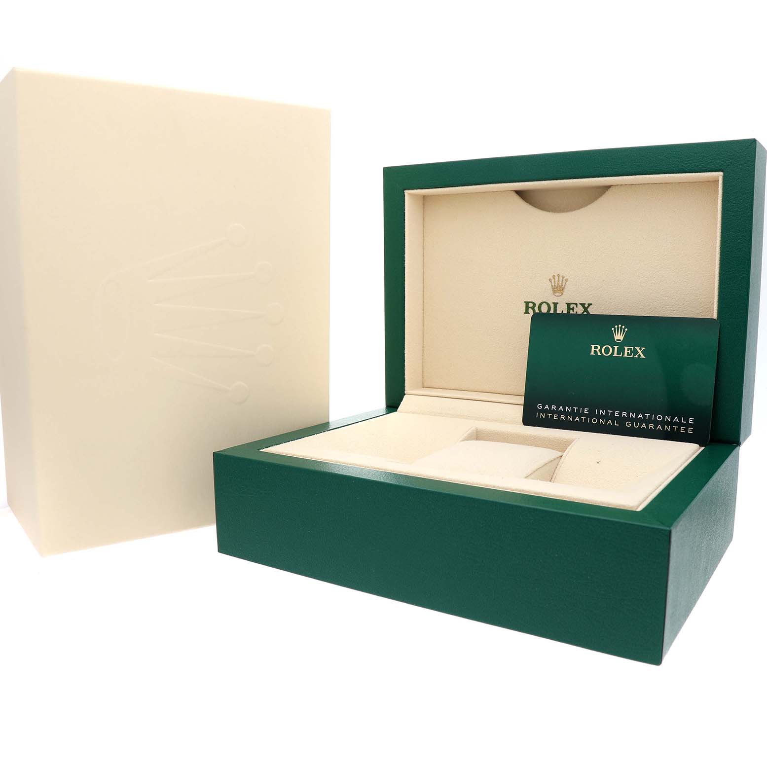 The image shows an open Rolex Sky-Dweller 326235 Men's Rose Gold Grey Dial watch box with a guarantee card, viewed at a front angle with the outer box to the side.