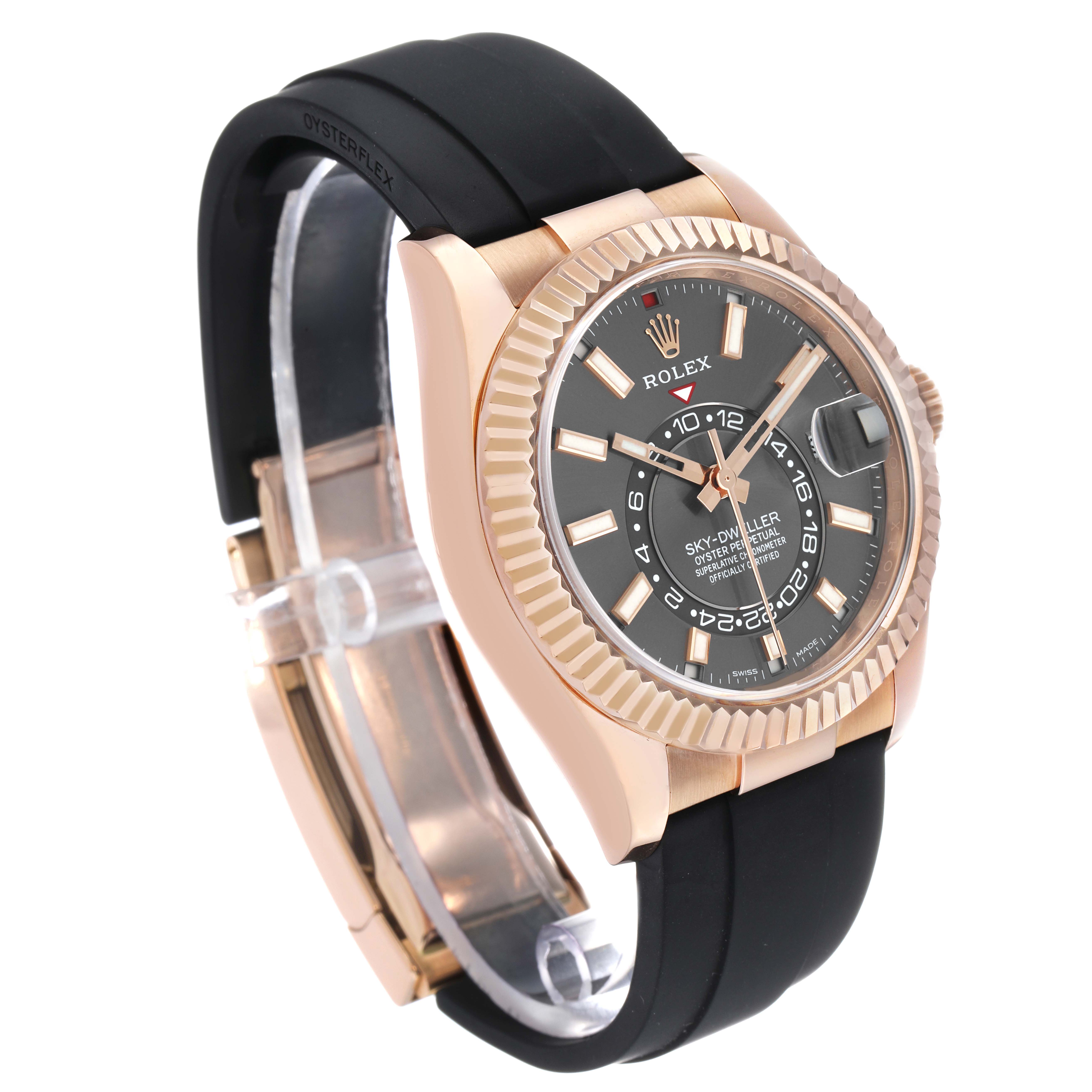 The Rolex Sky-Dweller 326235 Men's Rose Gold Grey Dial watch is shown at a slight angle, highlighting the gold case, black dial, and black Oysterflex bracelet.