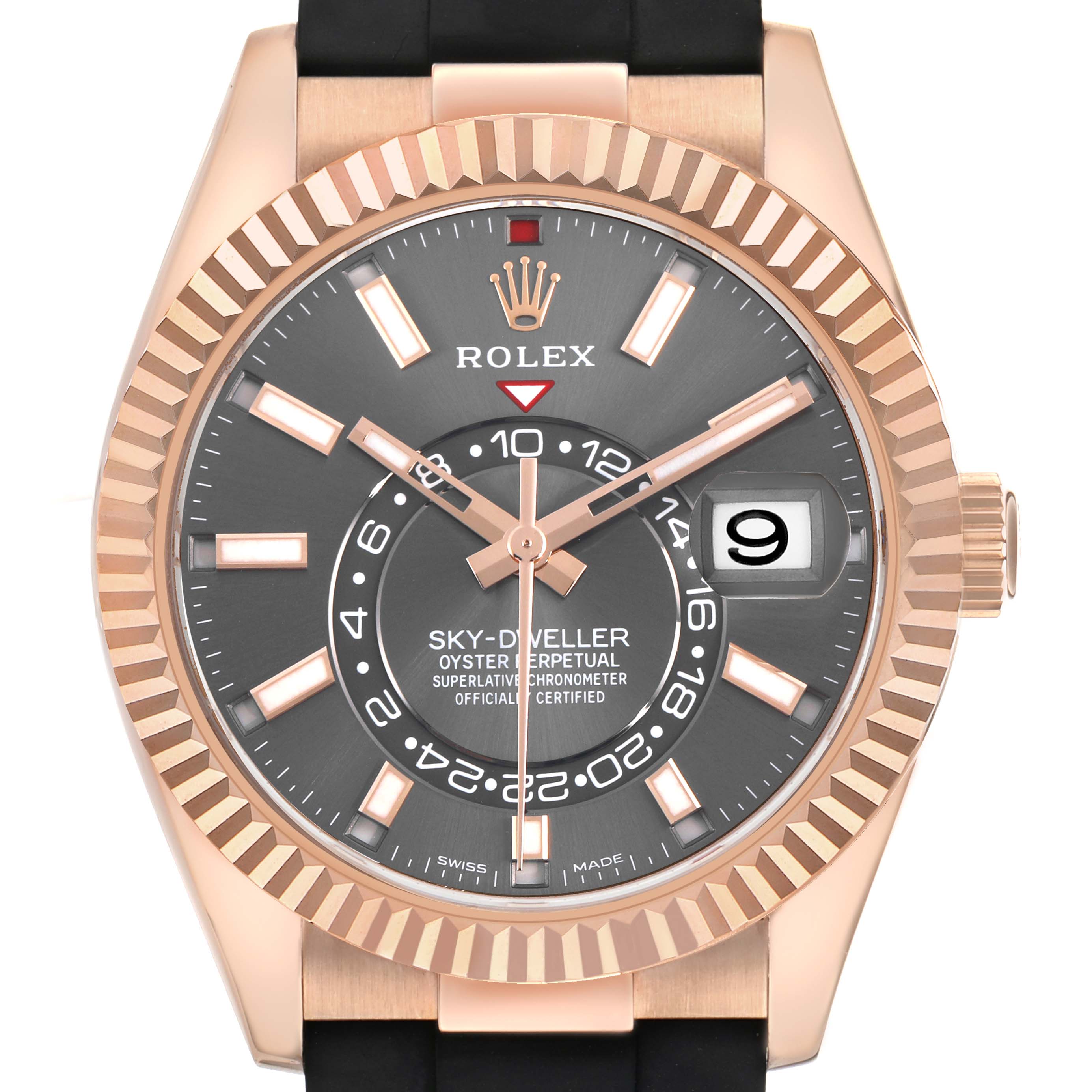 The Rolex Sky-Dweller 326235 Men's Rose Gold Grey Dial watch is shown from the front, displaying its face, bezel, and part of the strap.