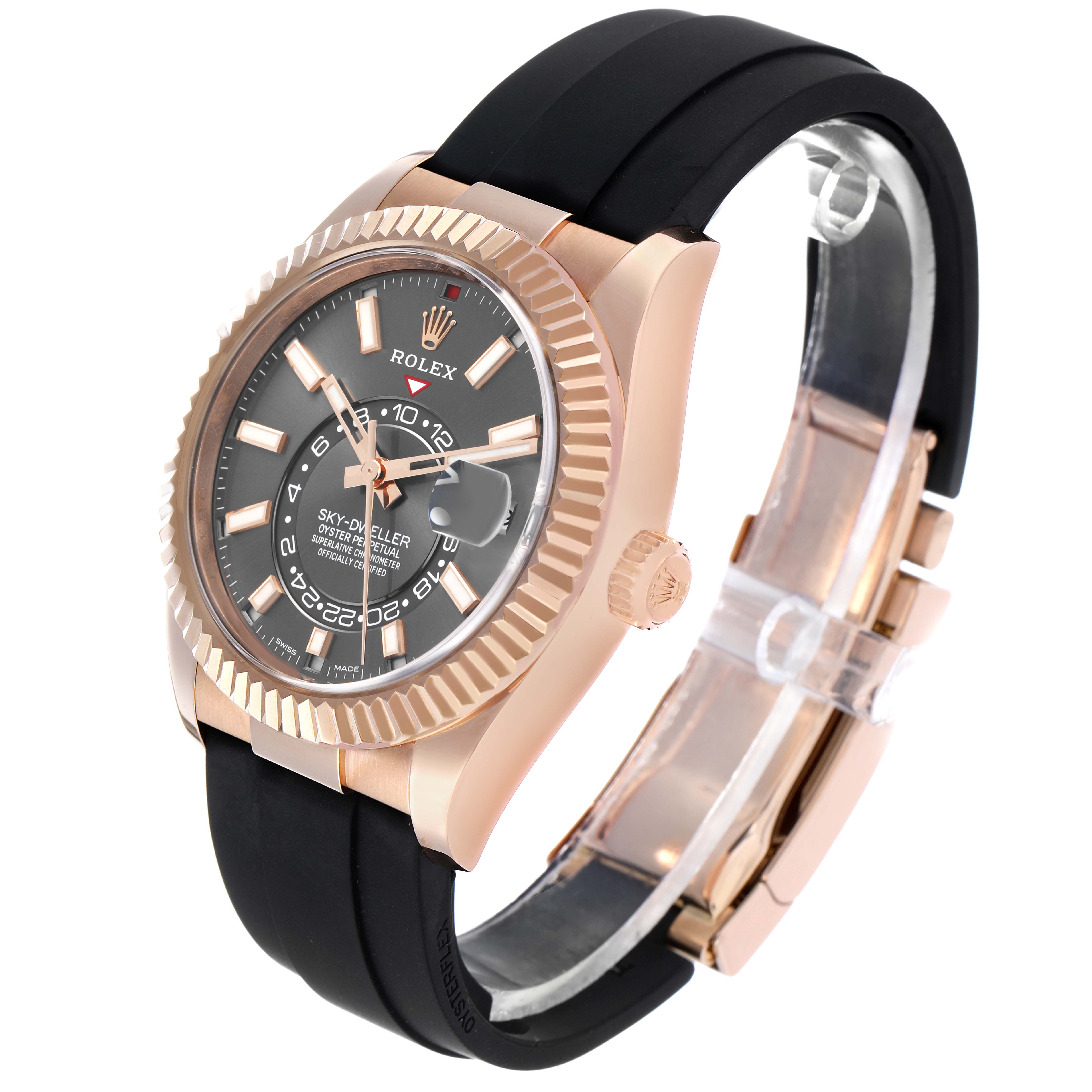 The Rolex Sky-Dweller 326235 Men's Rose Gold Grey Dial watch is shown at a three-quarter angle, displaying the face, bezel, crown, and strap.