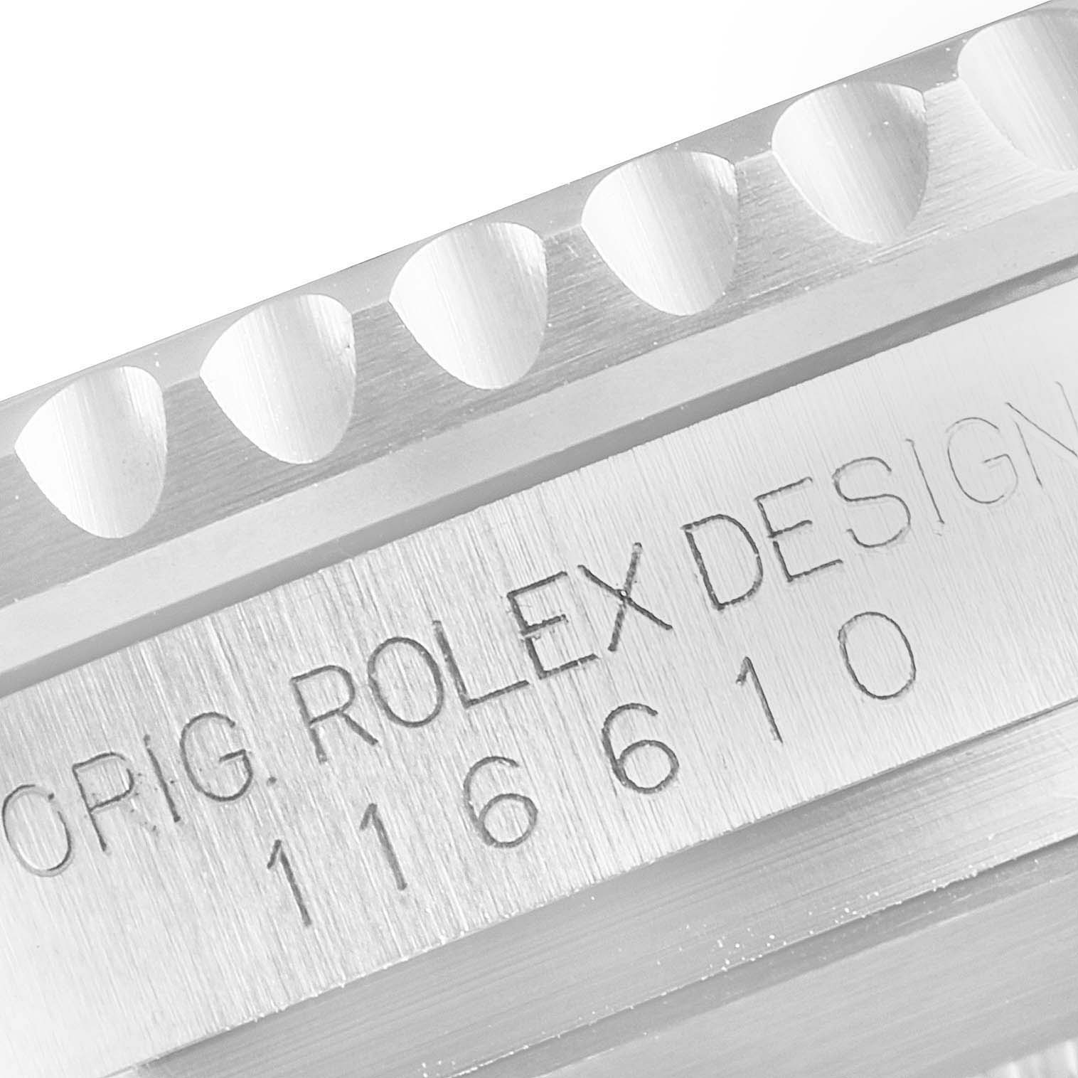 This image shows a close-up of the side engraving and part of the bezel on a Rolex Submariner 116610LN Men
s Stainless Steel Black Dial 116610LN Men
s Stainless Steel Black Dial model.