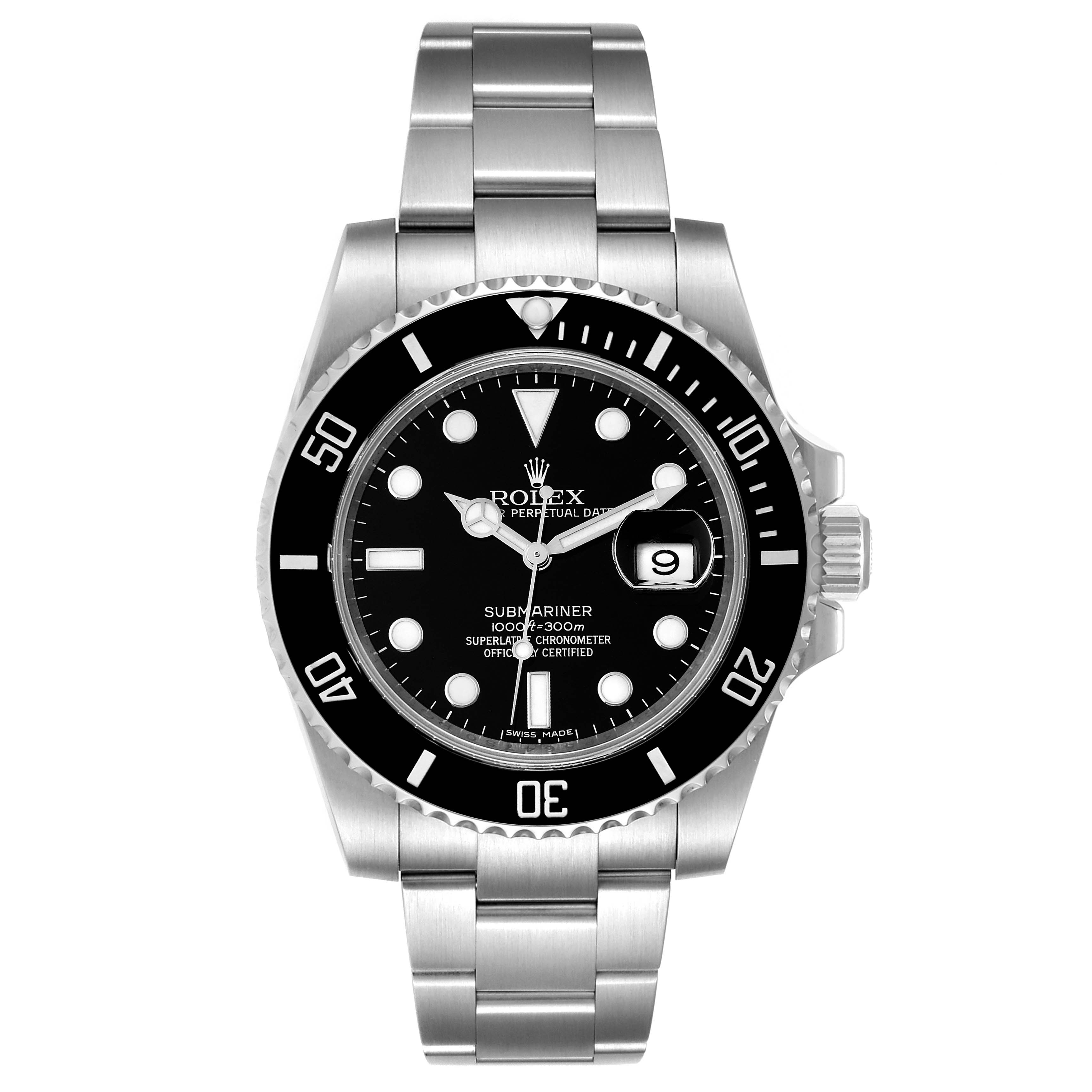 The image shows a front view of a Rolex Submariner 116610LN Men
s Stainless Steel Black Dial 116610LN Men
s Stainless Steel Black Dial, highlighting its dial, bezel, and bracelet.