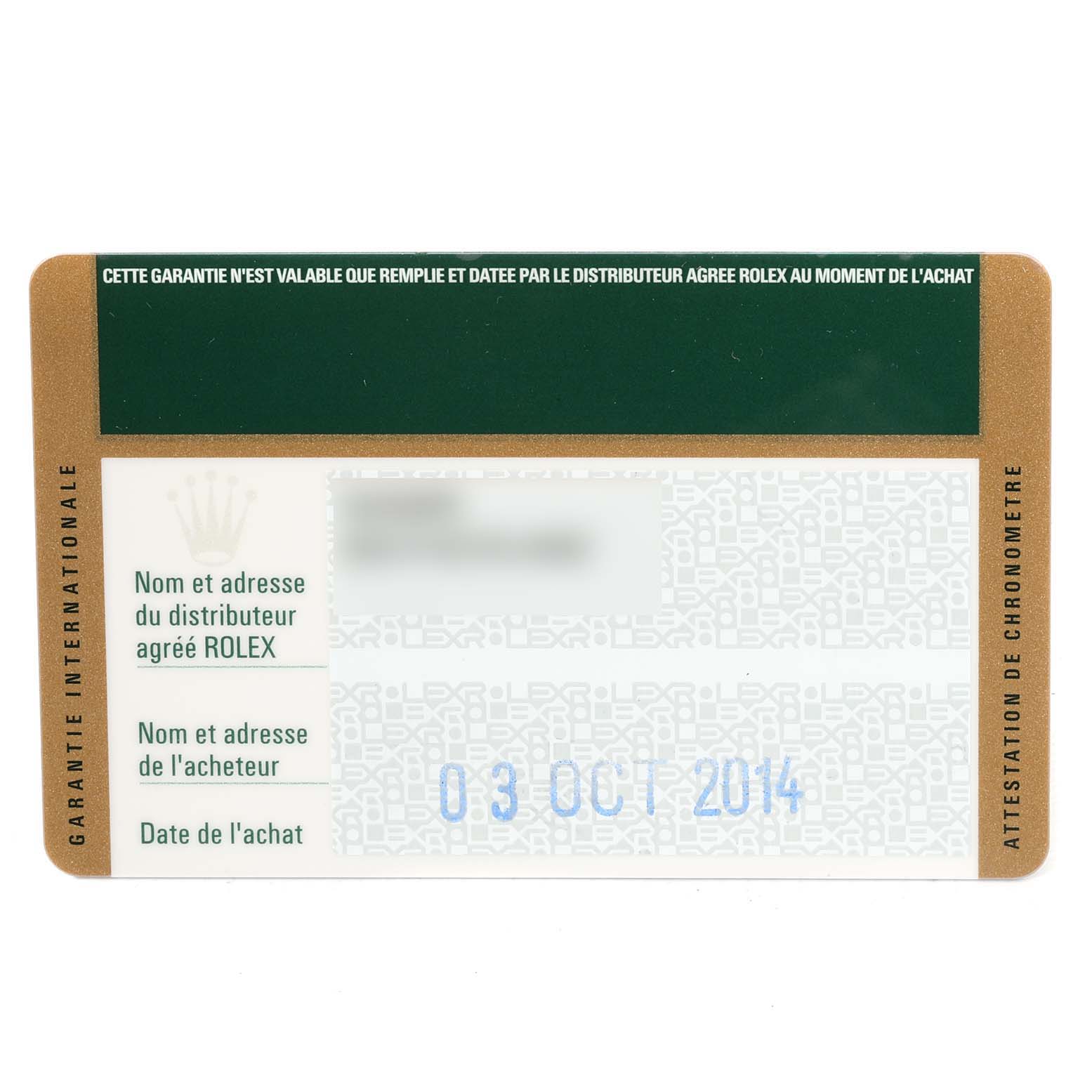 This image shows the international warranty card for a Rolex Submariner 116610LN Men
s Stainless Steel Black Dial 116610LN Men
s Stainless Steel Black Dial model, detailing the distributor and buyer information.