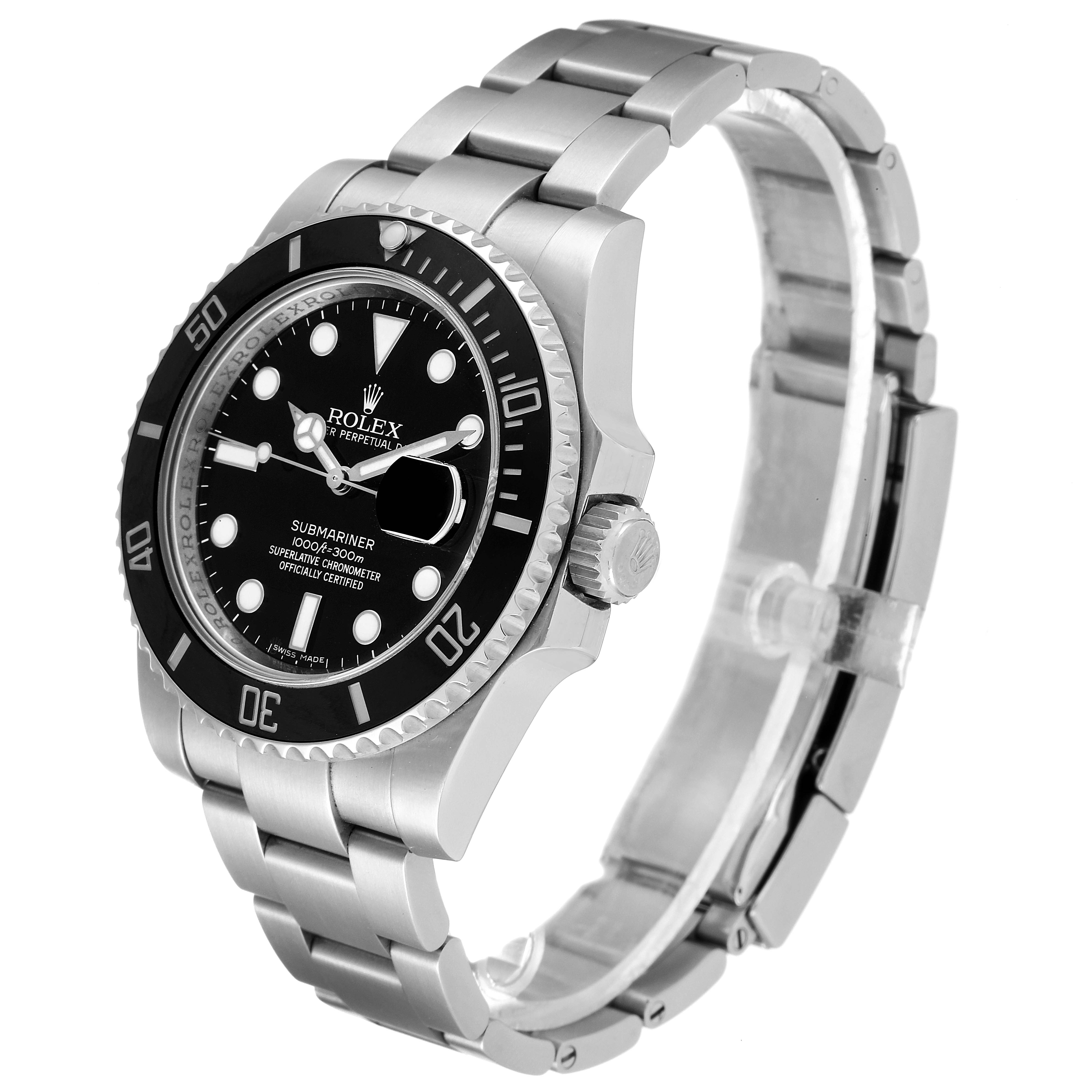 The image shows a Rolex Submariner 116610LN Men
s Stainless Steel Black Dial 116610LN Men
s Stainless Steel Black Dial watch from a three-quarter angle, highlighting the bezel, dial, and bracelet.
