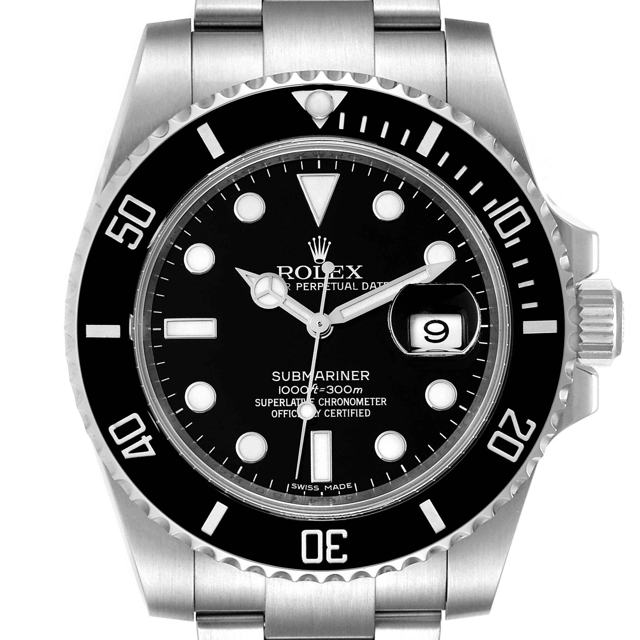 This image shows a front view of a Rolex Submariner 116610LN Men
s Stainless Steel Black Dial 116610LN Men
s Stainless Steel Black Dial watch, displaying the dial, bezel, and part of the bracelet.