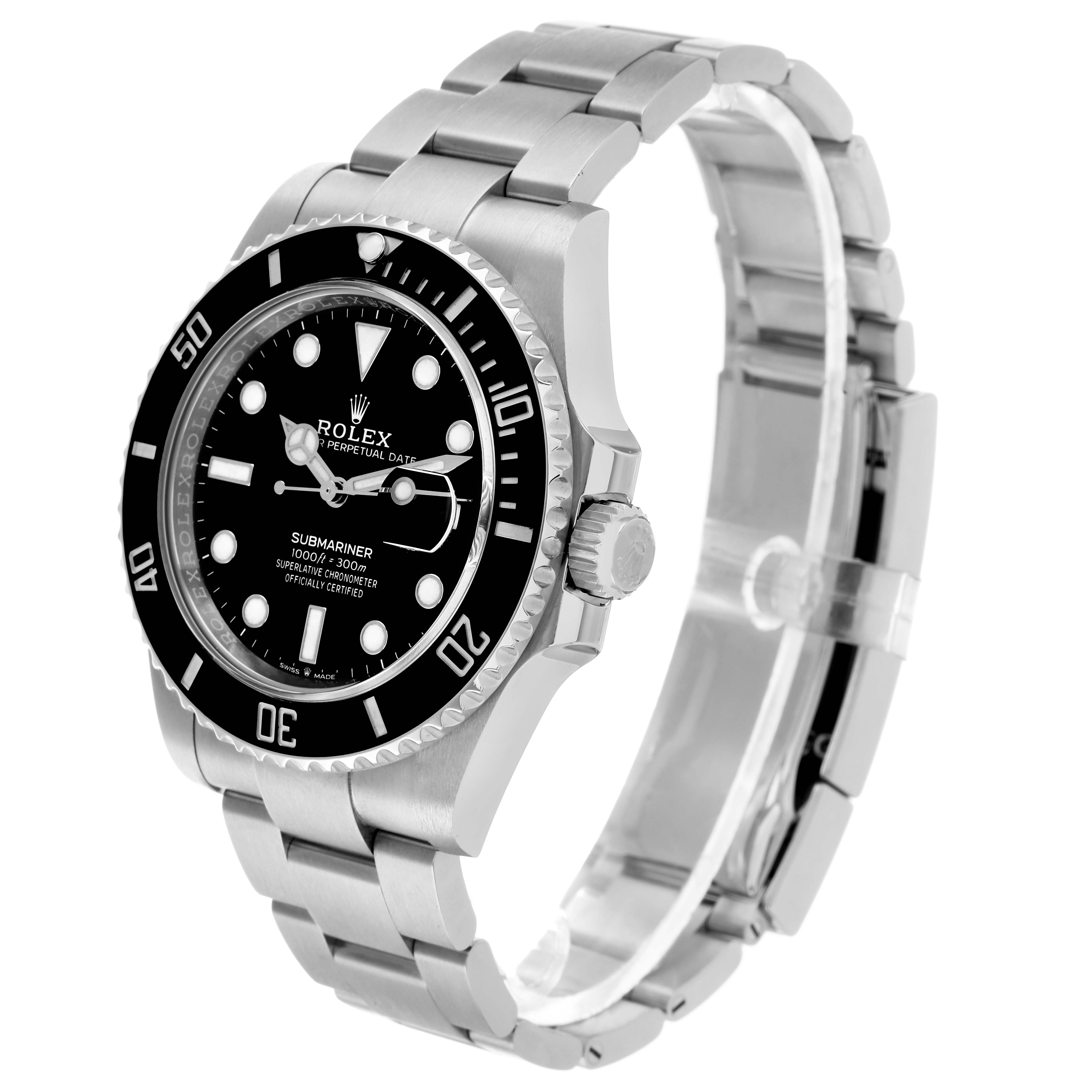 The Rolex Submariner 126610 Men's Stainless Steel Black Dial watch is shown at a three-quarter angle, highlighting its face, bezel, crown, and bracelet.
