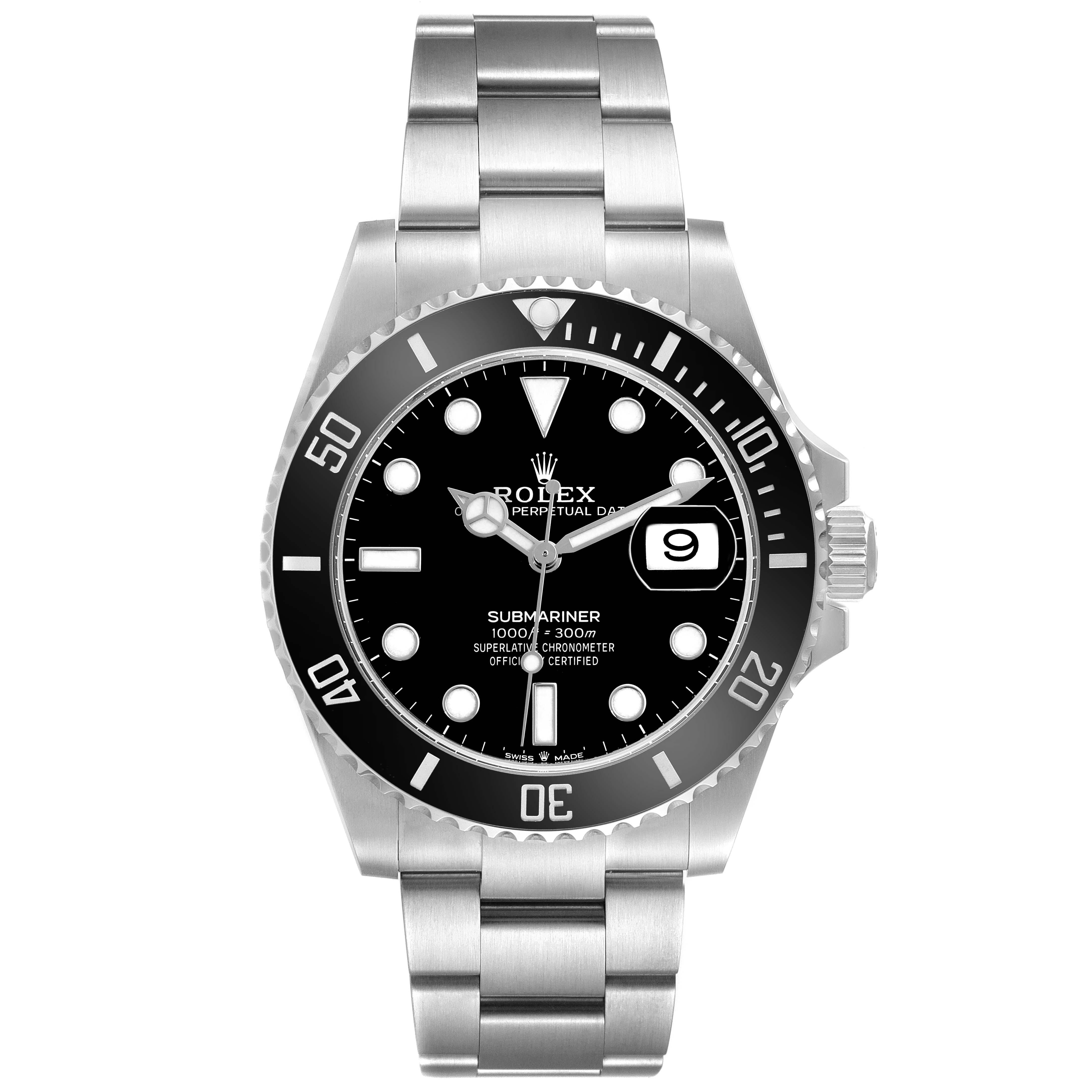 The Rolex Submariner 126610 Men's Stainless Steel Black Dial is shown from the front, highlighting its bezel, dial, bracelet, and date window.