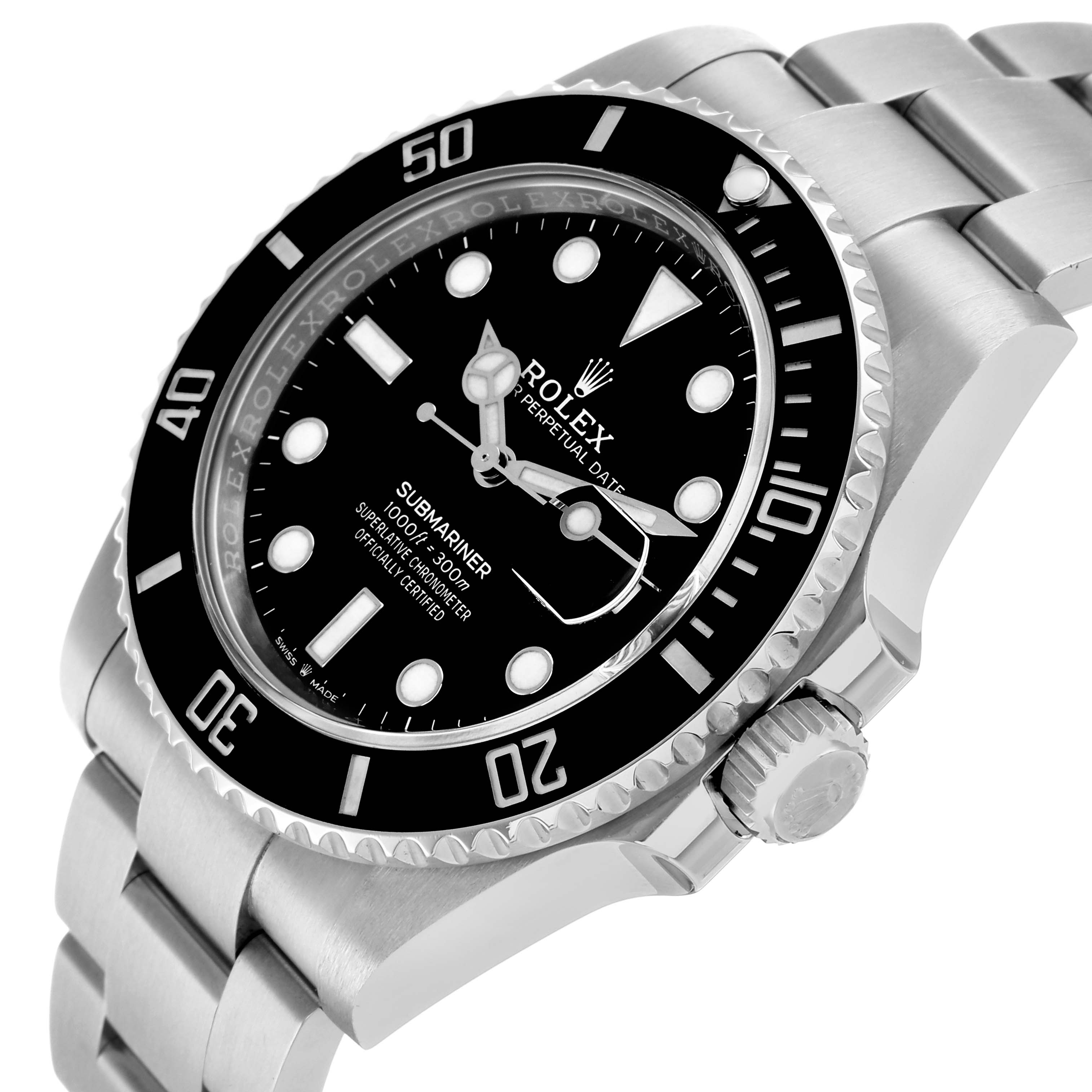The Rolex Submariner 126610 Men's Stainless Steel Black Dial watch is shown at an angled side view, displaying the bezel, dial, case, and part of the bracelet.