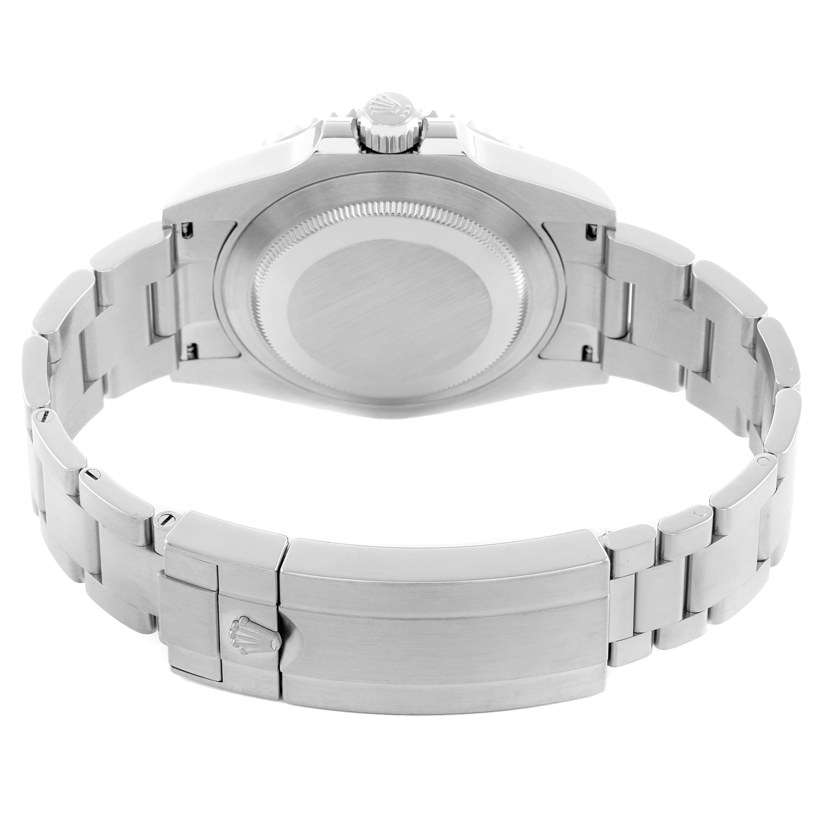 The Rolex Submariner 126610 Men's Stainless Steel Black Dial is shown from the back, highlighting the case back, bracelet, and clasp.