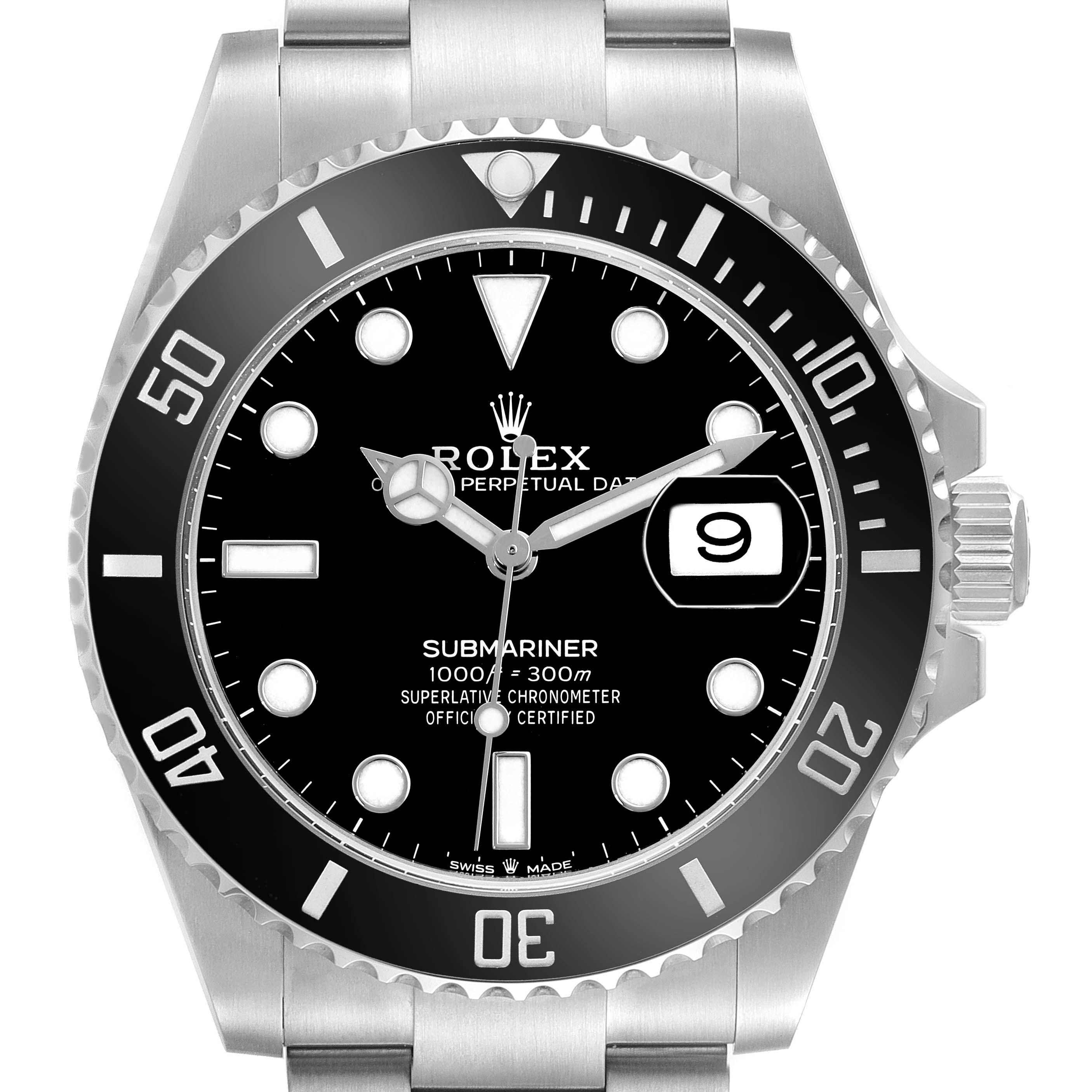 The image shows a front view of the Rolex Submariner 126610 Men's Stainless Steel Black Dial watch, highlighting its black dial, bezel, and stainless steel bracelet.