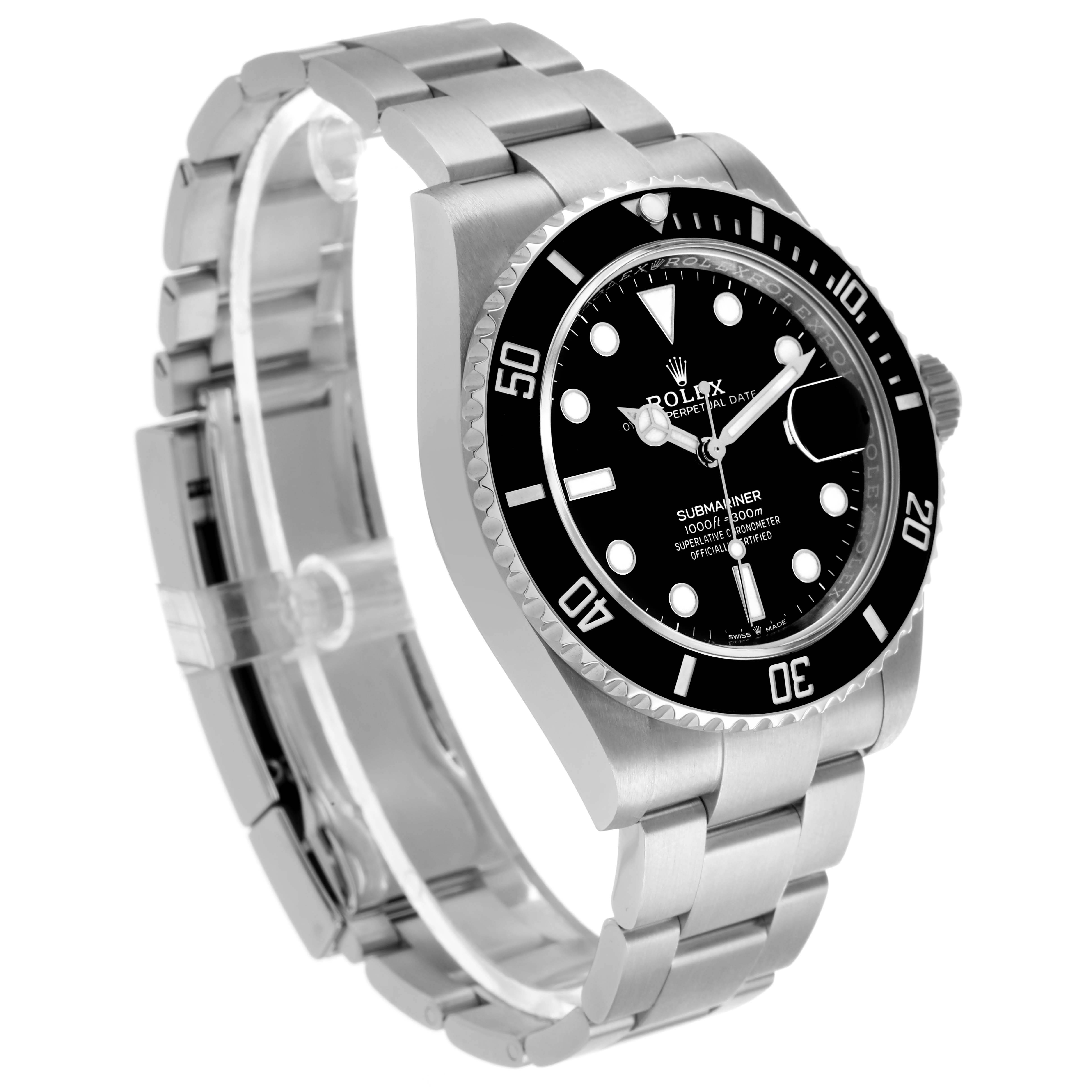 The Rolex Submariner 126610 Men's Stainless Steel Black Dial watch is shown at an angled side view, highlighting its black bezel, dial, and metal bracelet.