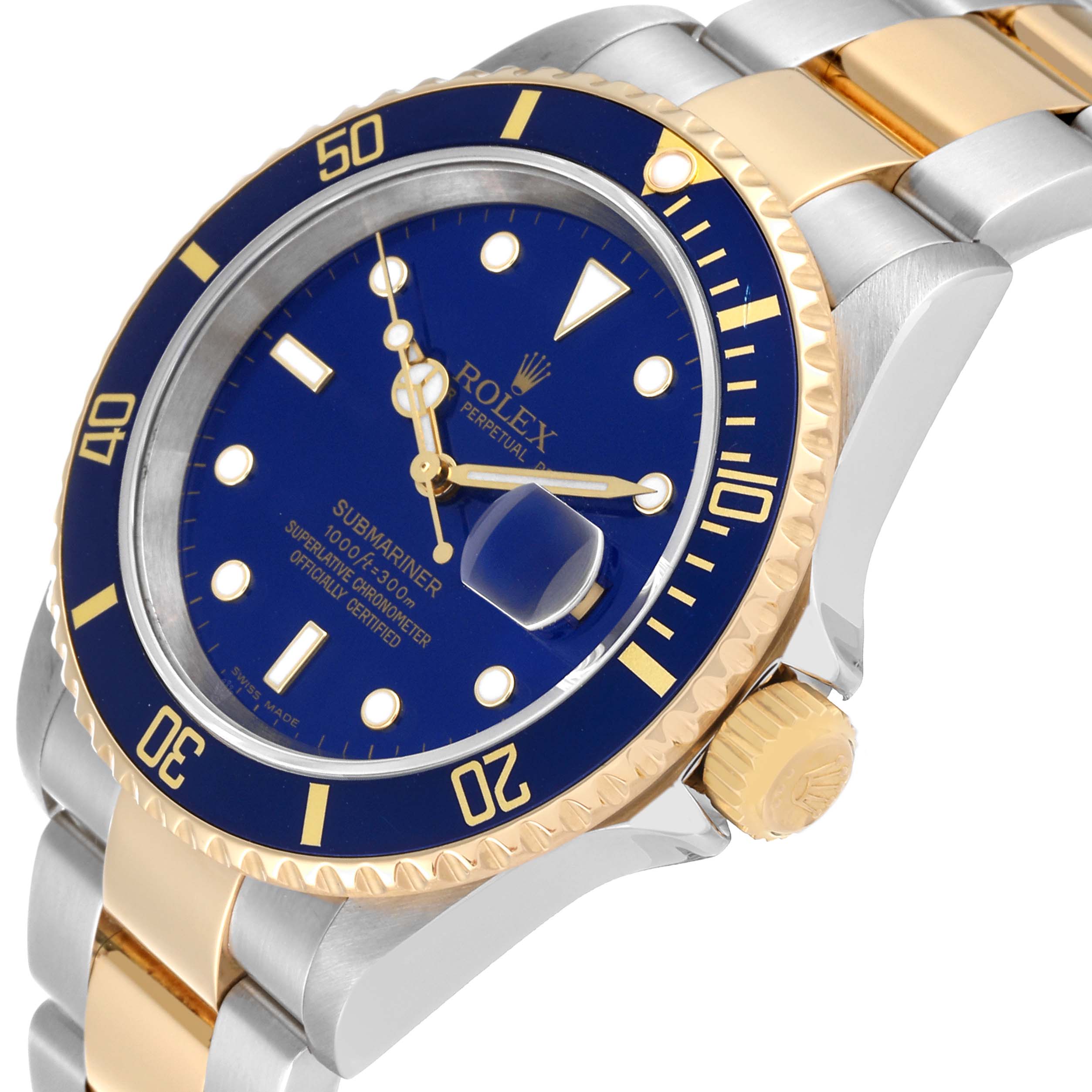 The image shows a close-up, angled view of the Rolex Submariner 16613 Men's Steel and Gold (two tone) Blue Dial 16613 Men's Steel and Gold (two tone) Blue Dial watch, highlighting the bezel, crown, and bracelet.
