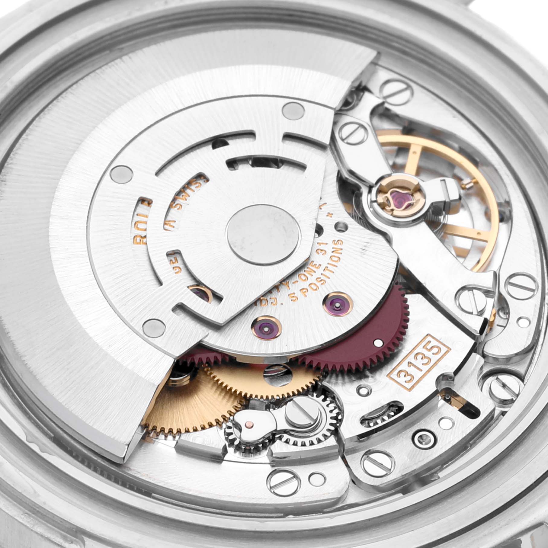 This close-up image shows the internal mechanism of the Rolex Submariner 16613 Men's Steel and Gold (two tone) Blue Dial 16613 Men's Steel and Gold (two tone) Blue Dial watch, displaying gears and the rotor.