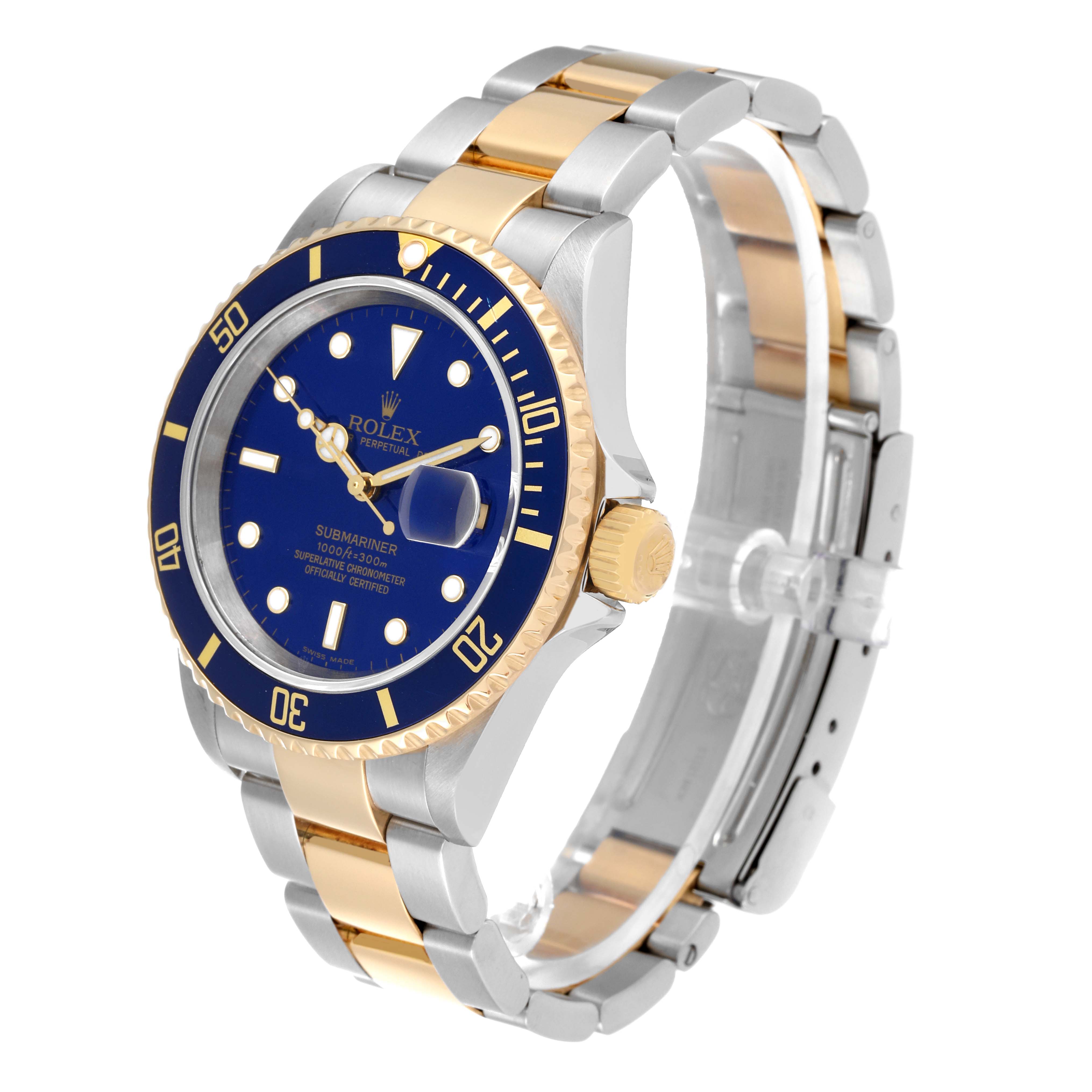This image shows a three-quarter angle of a Rolex Submariner 16613 Men's Steel and Gold (two tone) Blue Dial 16613 Men's Steel and Gold (two tone) Blue Dial watch, highlighting its blue dial, bezel, and two-tone bracelet.