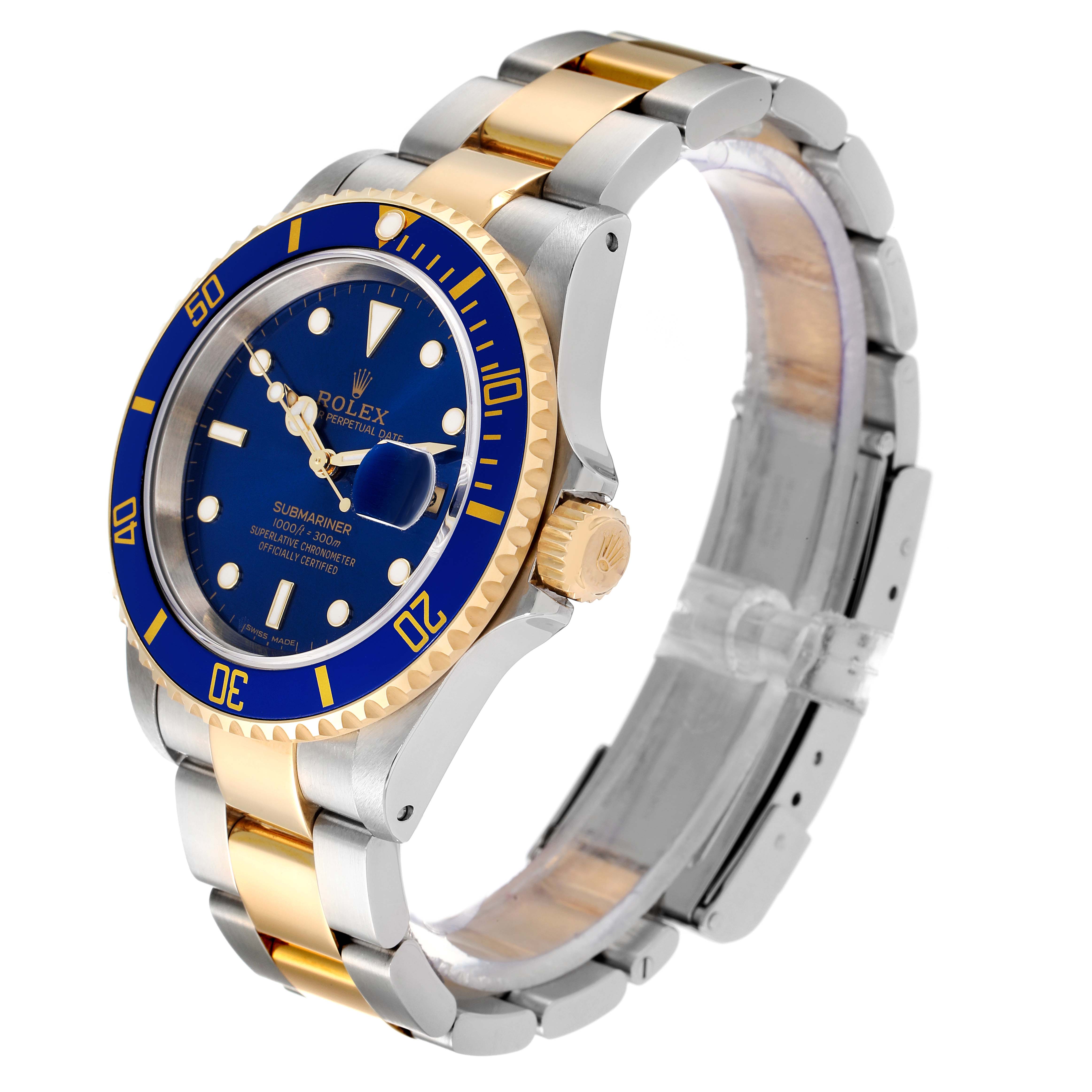 The image shows a Rolex Submariner 16613 Men
s Steel and Gold (two tone) Blue Dial 16613 Men
s Steel and Gold (two tone) Blue Dial watch at an angle, highlighting the face, bezel, crown, and part of the bracelet.