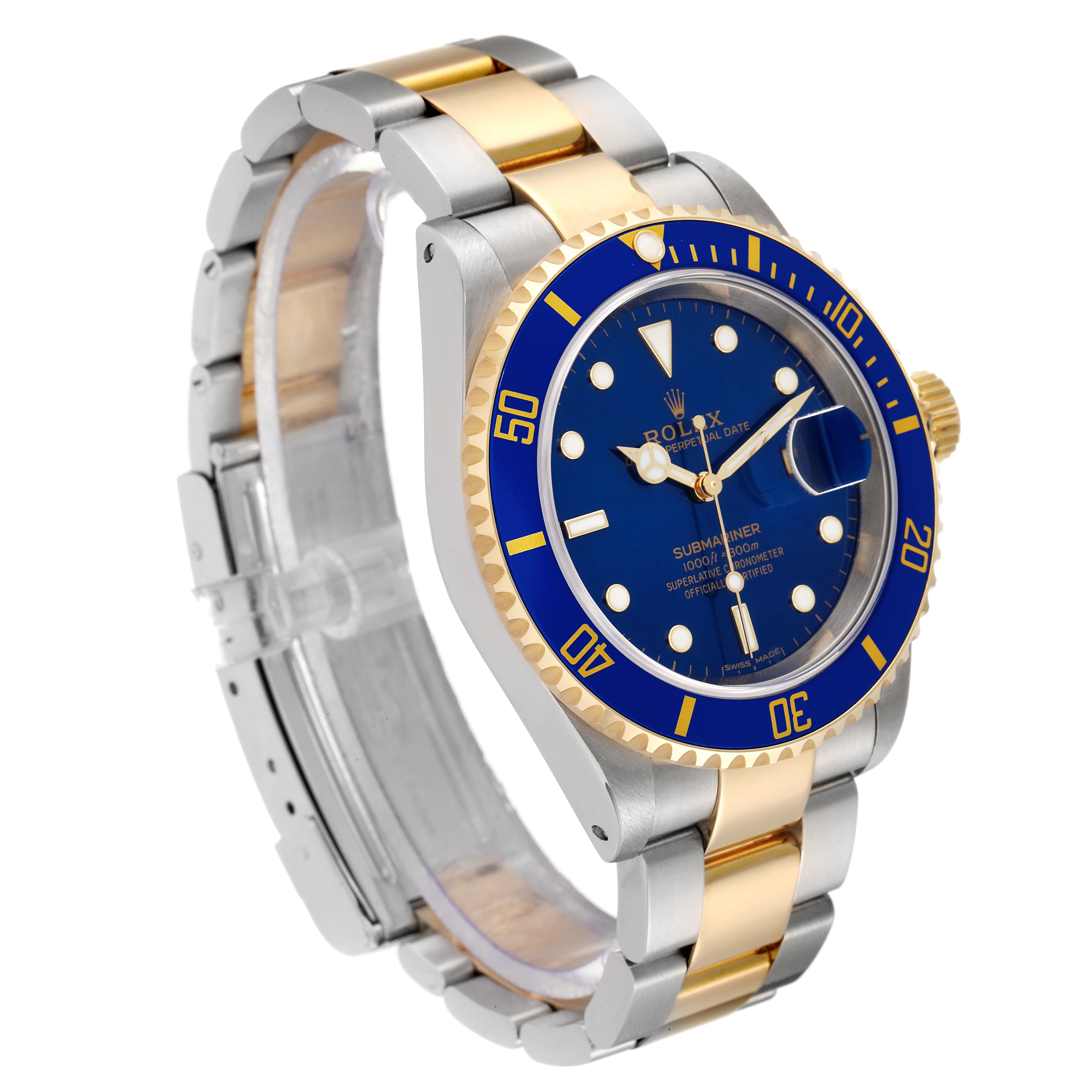 This image shows a three-quarter view of a Rolex Submariner 16613 Men
s Steel and Gold (two tone) Blue Dial 16613 Men
s Steel and Gold (two tone) Blue Dial watch, highlighting its blue dial, bezel, and two-tone bracelet.