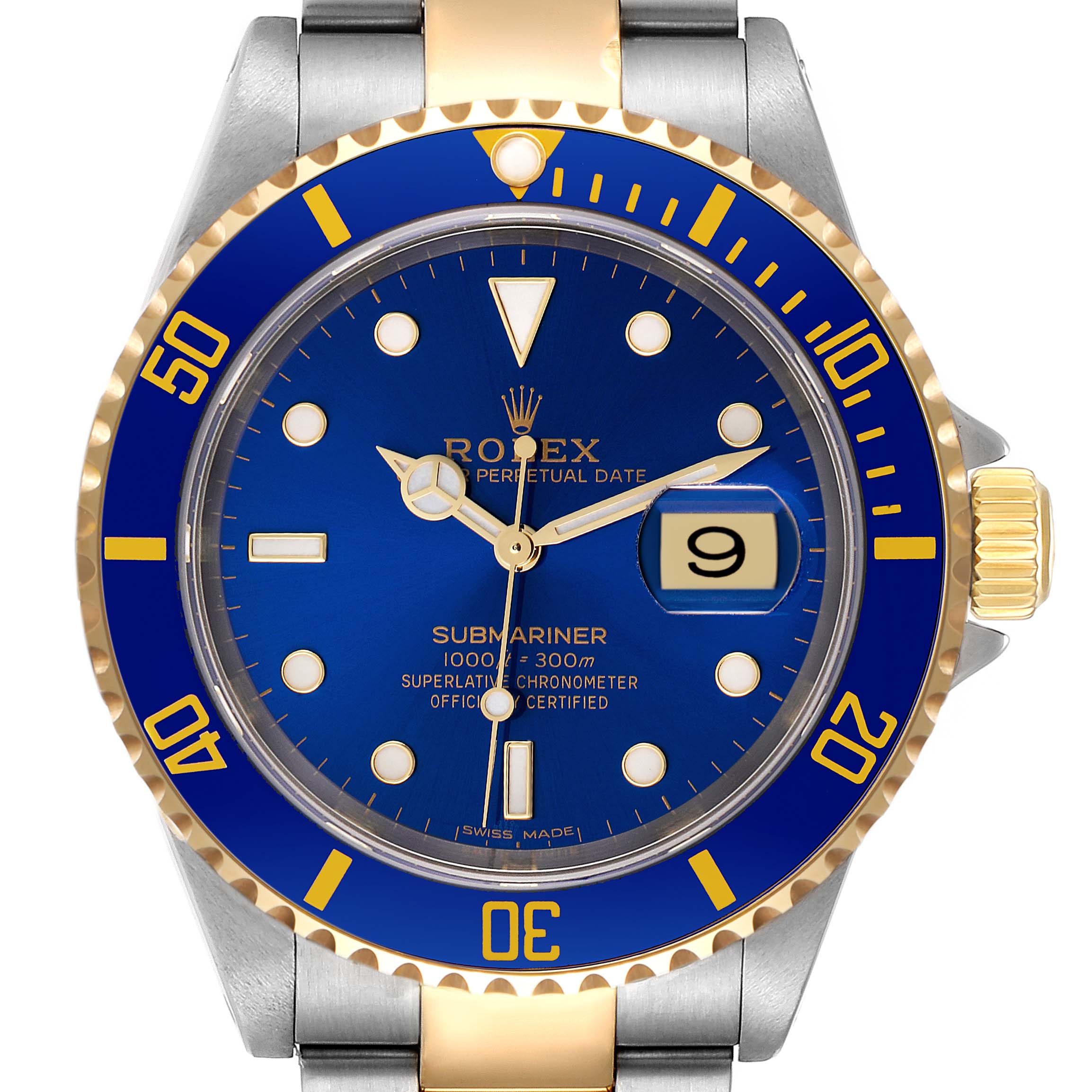 The Rolex Submariner 16613 Men
s Steel and Gold (two tone) Blue Dial 16613 Men
s Steel and Gold (two tone) Blue Dial watch is shown from a front angle, displaying its blue dial, gold accents, and date window.