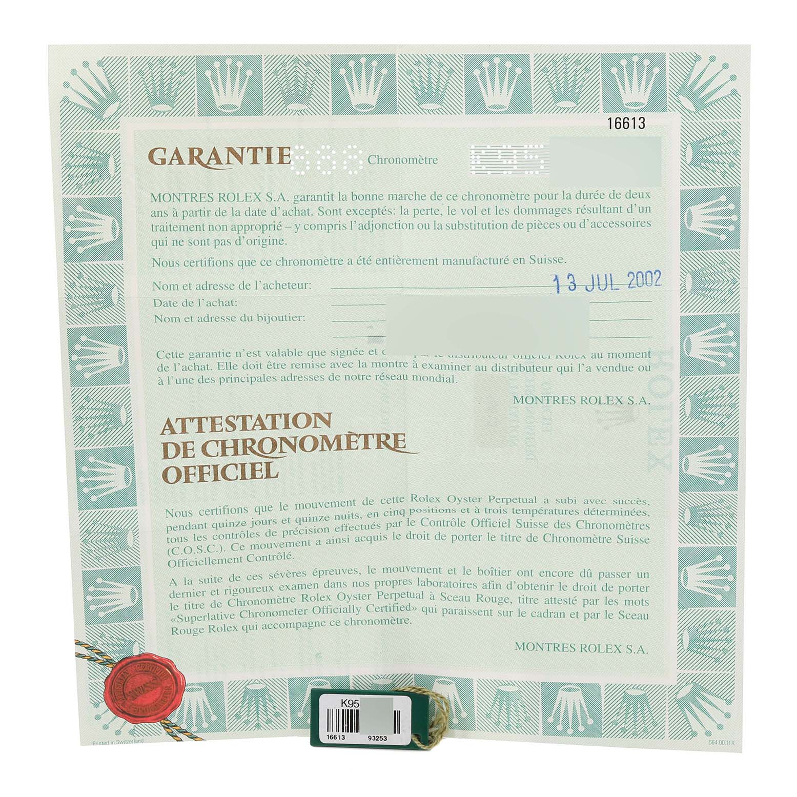 This image shows the official warranty and chronometer certification for a Rolex Submariner 16613 Men's Steel and Gold (two tone) Blue Dial 16613 Men's Steel and Gold (two tone) Blue Dial model watch.