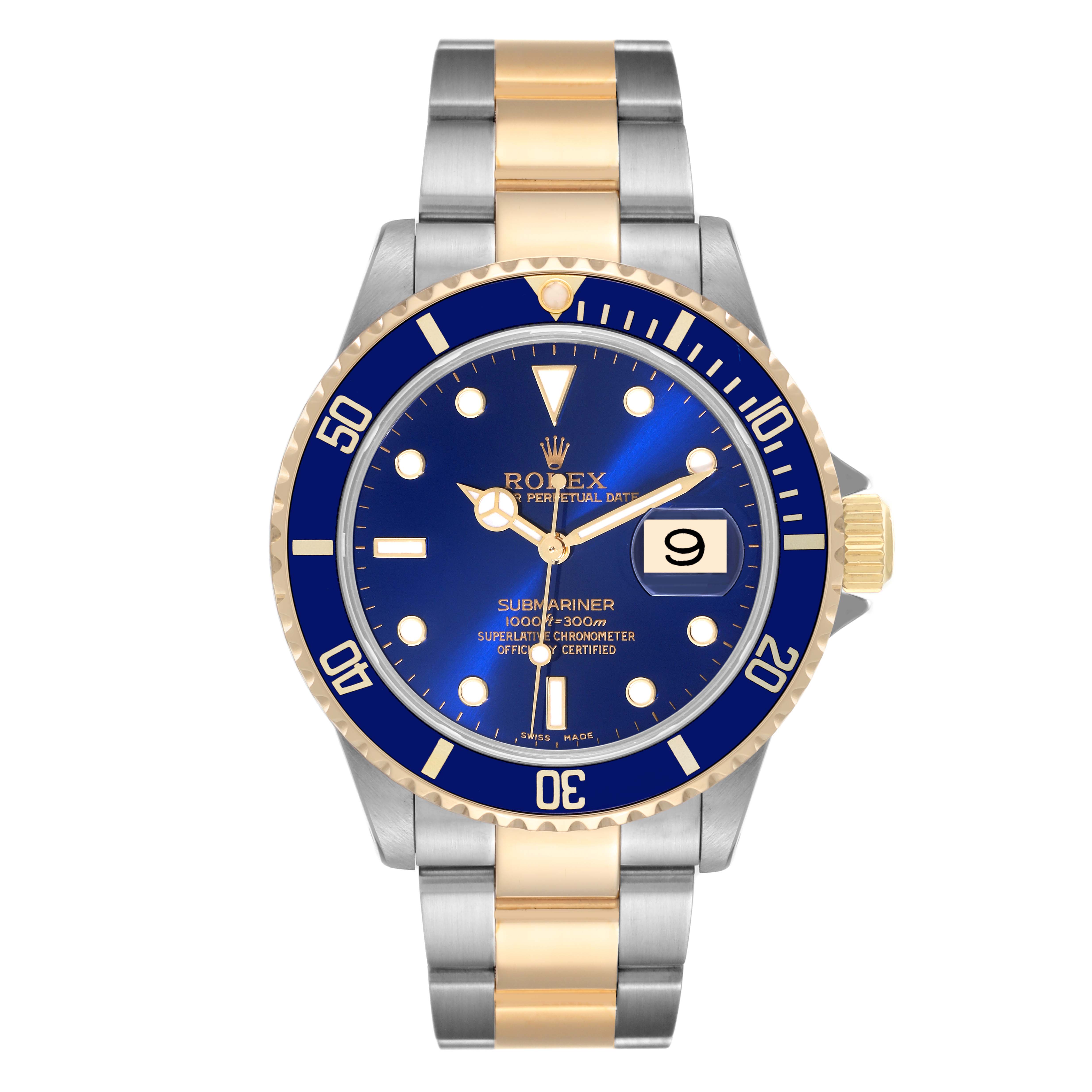 This image shows a Rolex Submariner 16613 Men's Steel and Gold (two tone) Blue Dial 16613 Men's Steel and Gold (two tone) Blue Dial watch in a front-facing angle, highlighting its blue dial, gold bezel, and two-tone bracelet.