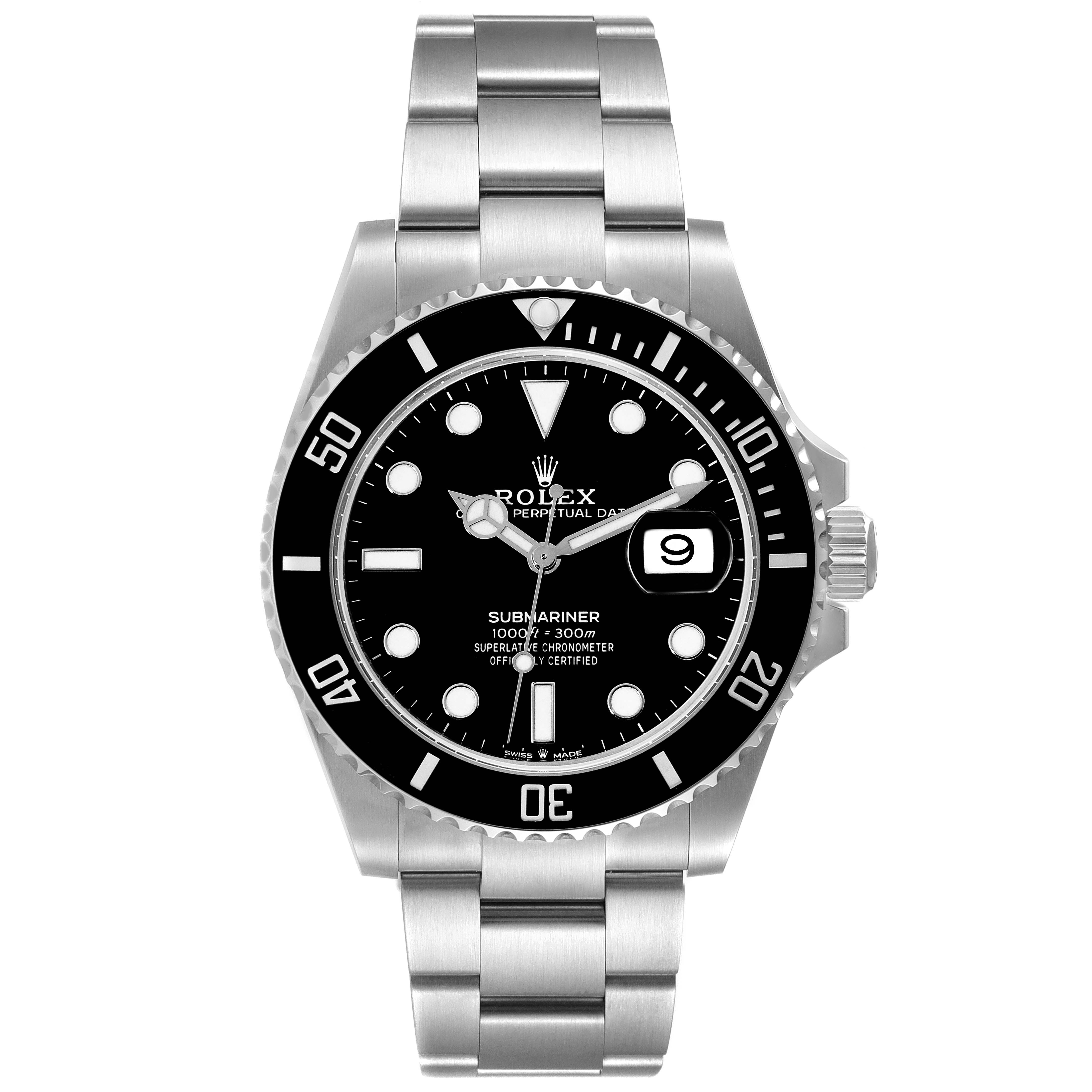 The image shows a front view of a Rolex Submariner 126610 Men
s Stainless Steel Black Dial 126610 Men
s Stainless Steel Black Dial watch displaying its face, bezel, bracelet, and date window.