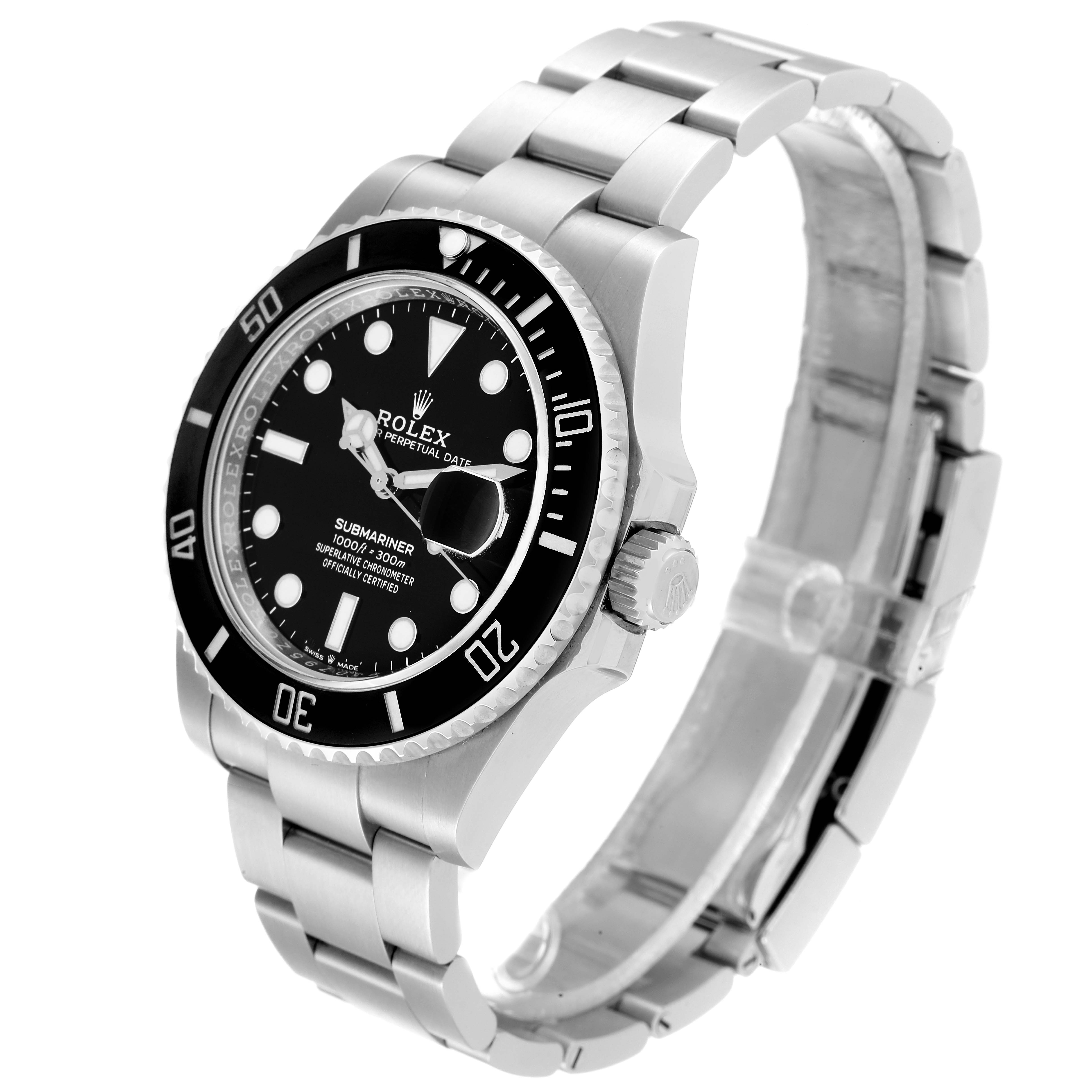 This image shows a Rolex Submariner 126610 Men
s Stainless Steel Black Dial 126610 Men
s Stainless Steel Black Dial watch angled slightly from the side, displaying the face, bezel, crown, and bracelet.