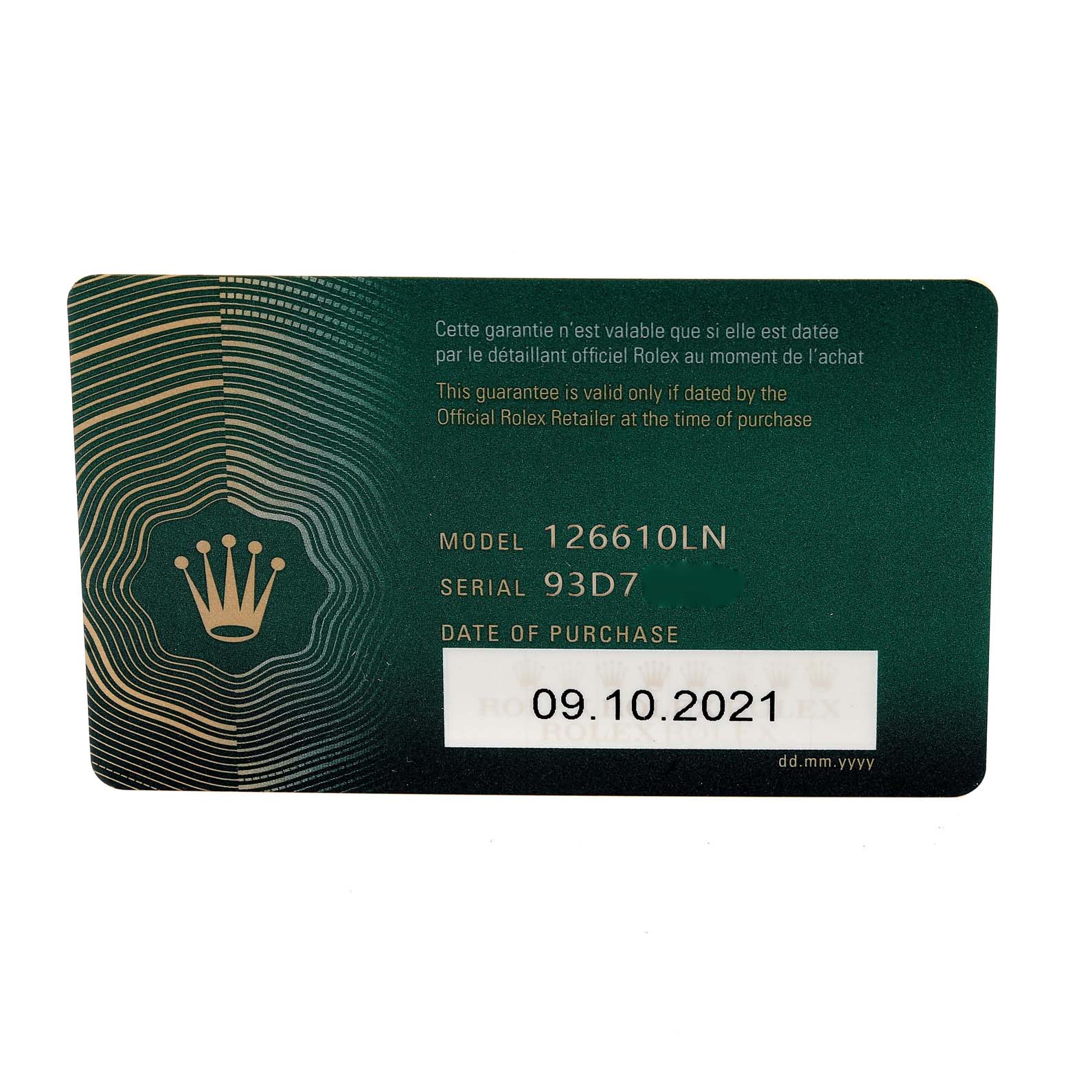 The image shows the identification card for the Rolex Submariner 126610 Men
s Stainless Steel Black Dial 126610 Men
s Stainless Steel Black Dial model 126610LN, displaying the model number, serial number, and purchase date.