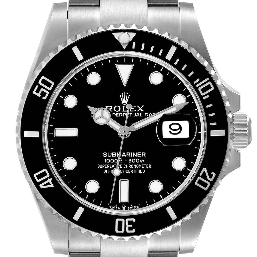 This image shows a front view of the Rolex Submariner watch, highlighting its black dial, date window, and bezel.