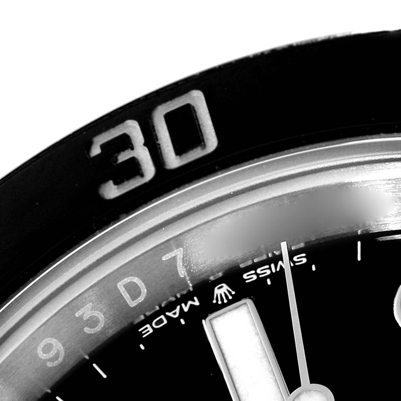 Close-up of the dial and bezel of a Rolex Submariner 126610 Men
s Stainless Steel Black Dial 126610 Men
s Stainless Steel Black Dial, specifically showing the "30" mark on the bezel.