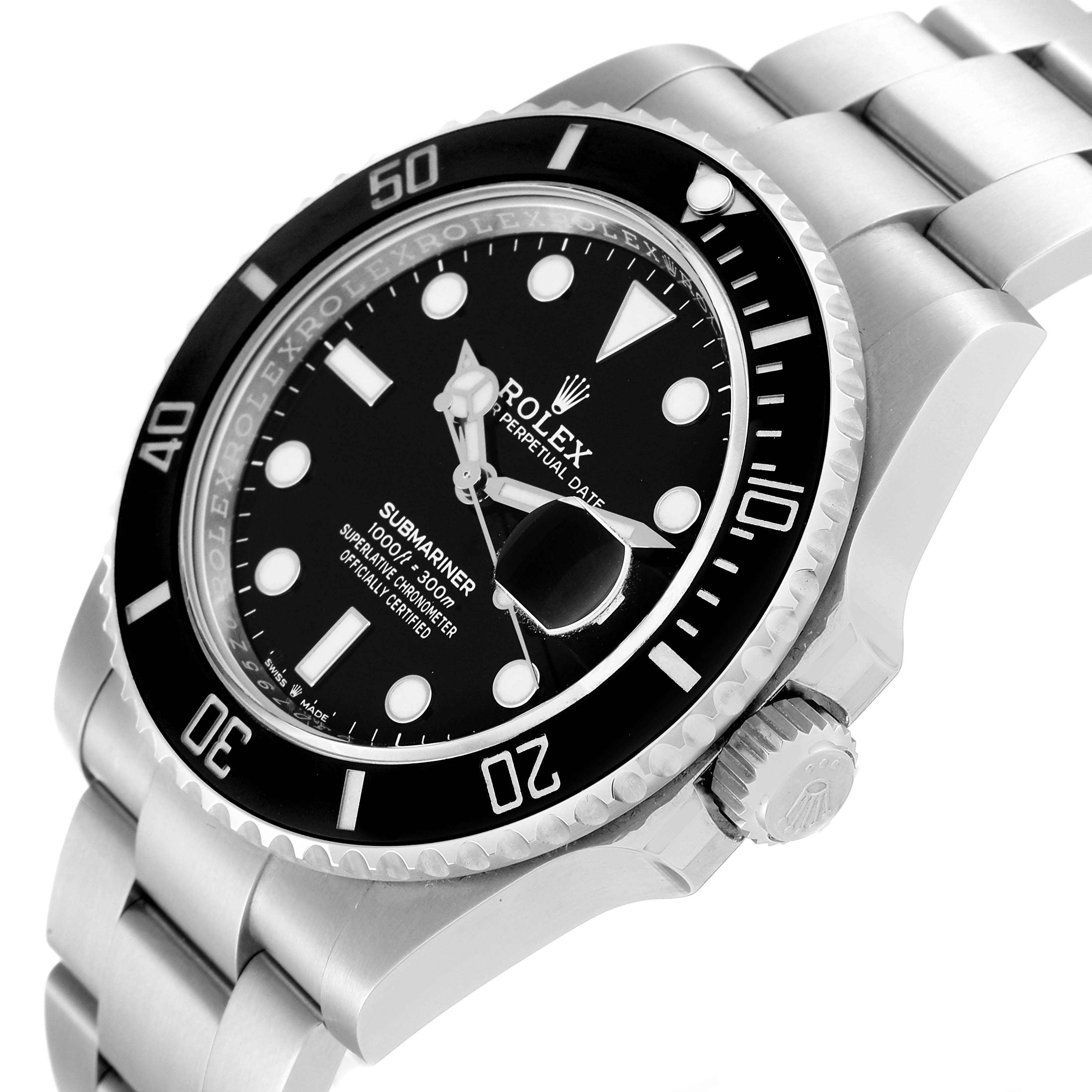 The image shows a Rolex Submariner 126610 Men
s Stainless Steel Black Dial 126610 Men
s Stainless Steel Black Dial watch at an angled side view, highlighting the black bezel, dial, and stainless steel bracelet.