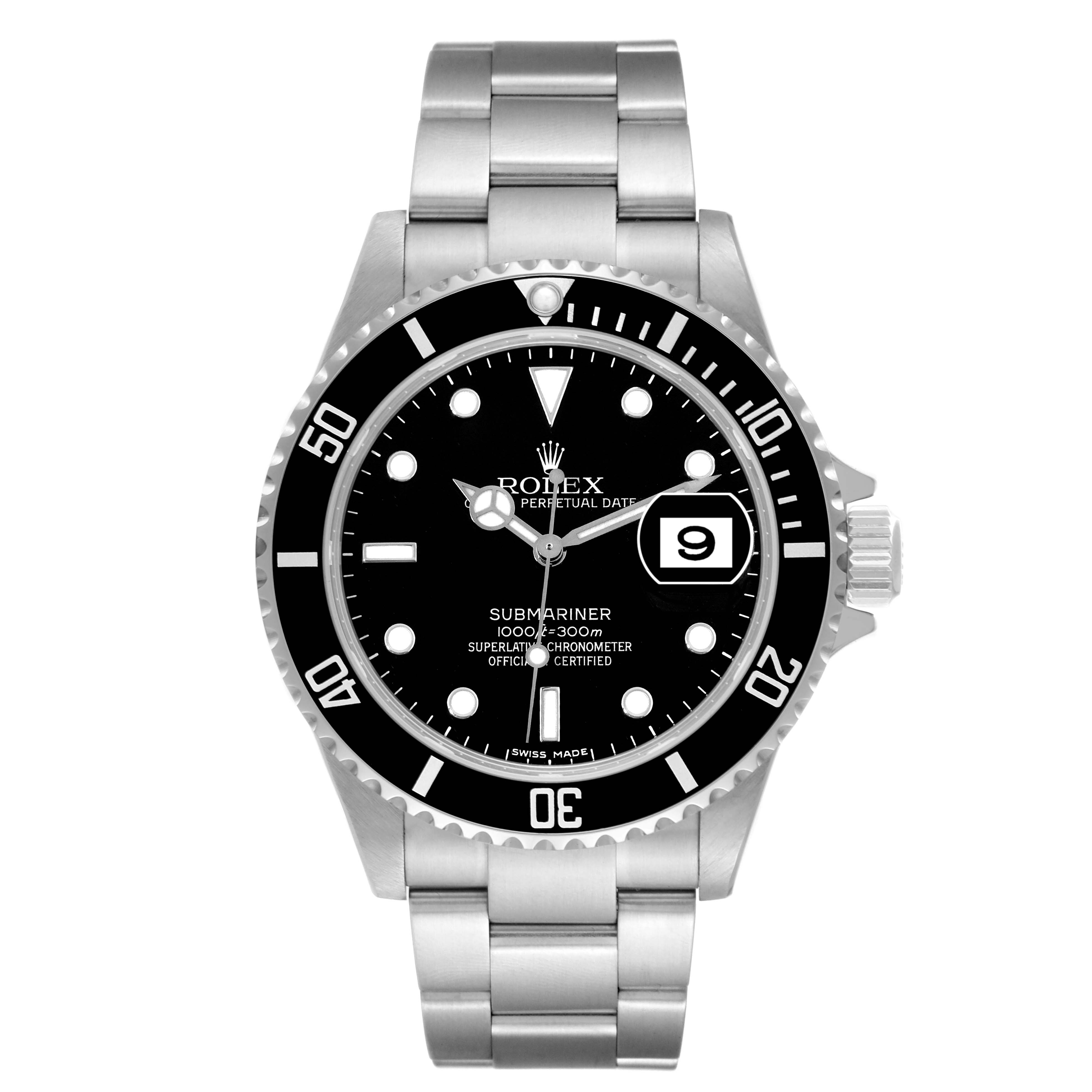 The image shows a frontal view of the Rolex Submariner 16610 Men
s Stainless Steel Black Dial 16610 Men
s Stainless Steel Black Dial watch, highlighting its black dial, date window, and stainless steel strap.