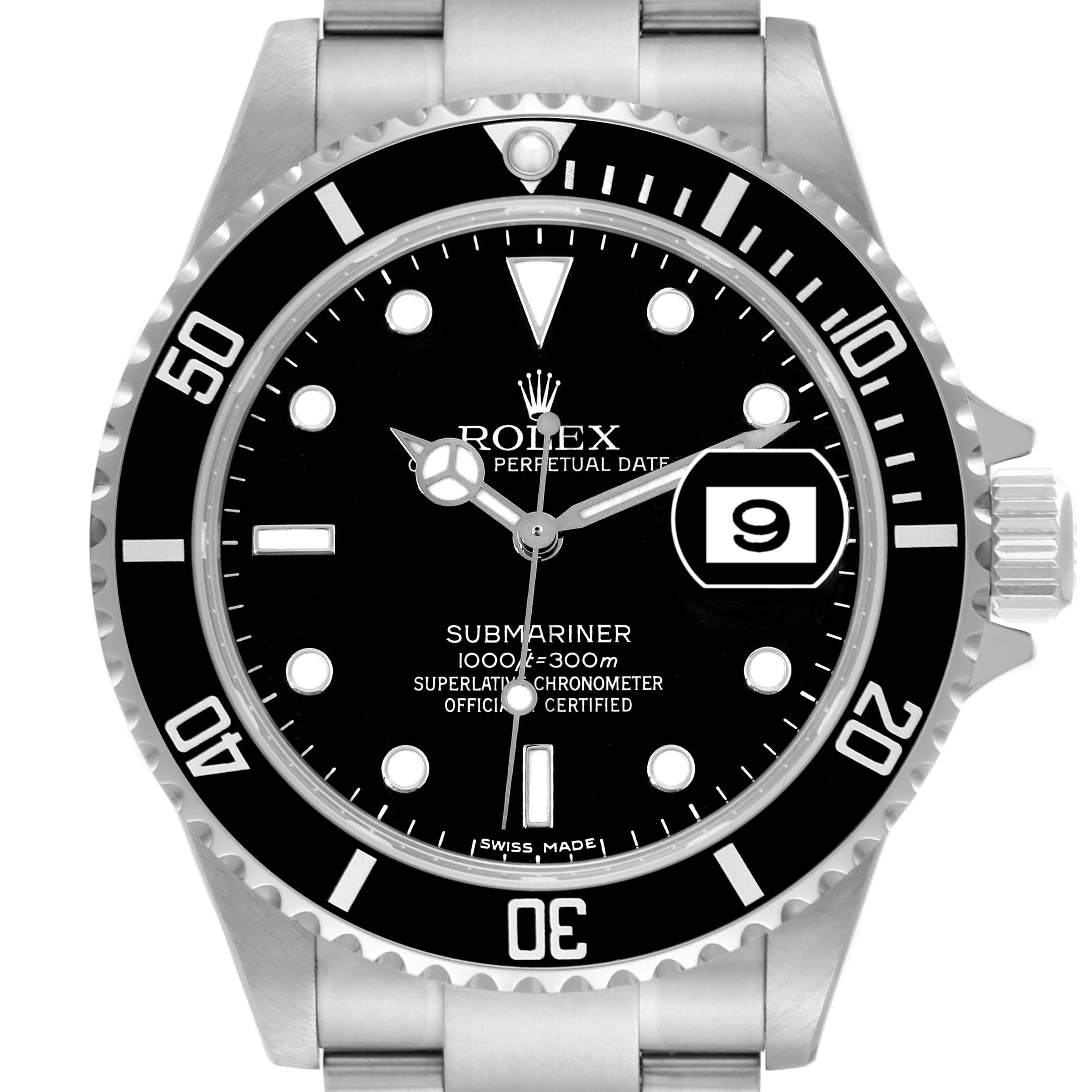 This image shows a frontal view of the Rolex Submariner 16610 Men
s Stainless Steel Black Dial 16610 Men
s Stainless Steel Black Dial, highlighting the dial, bezel, crown, and part of the bracelet.