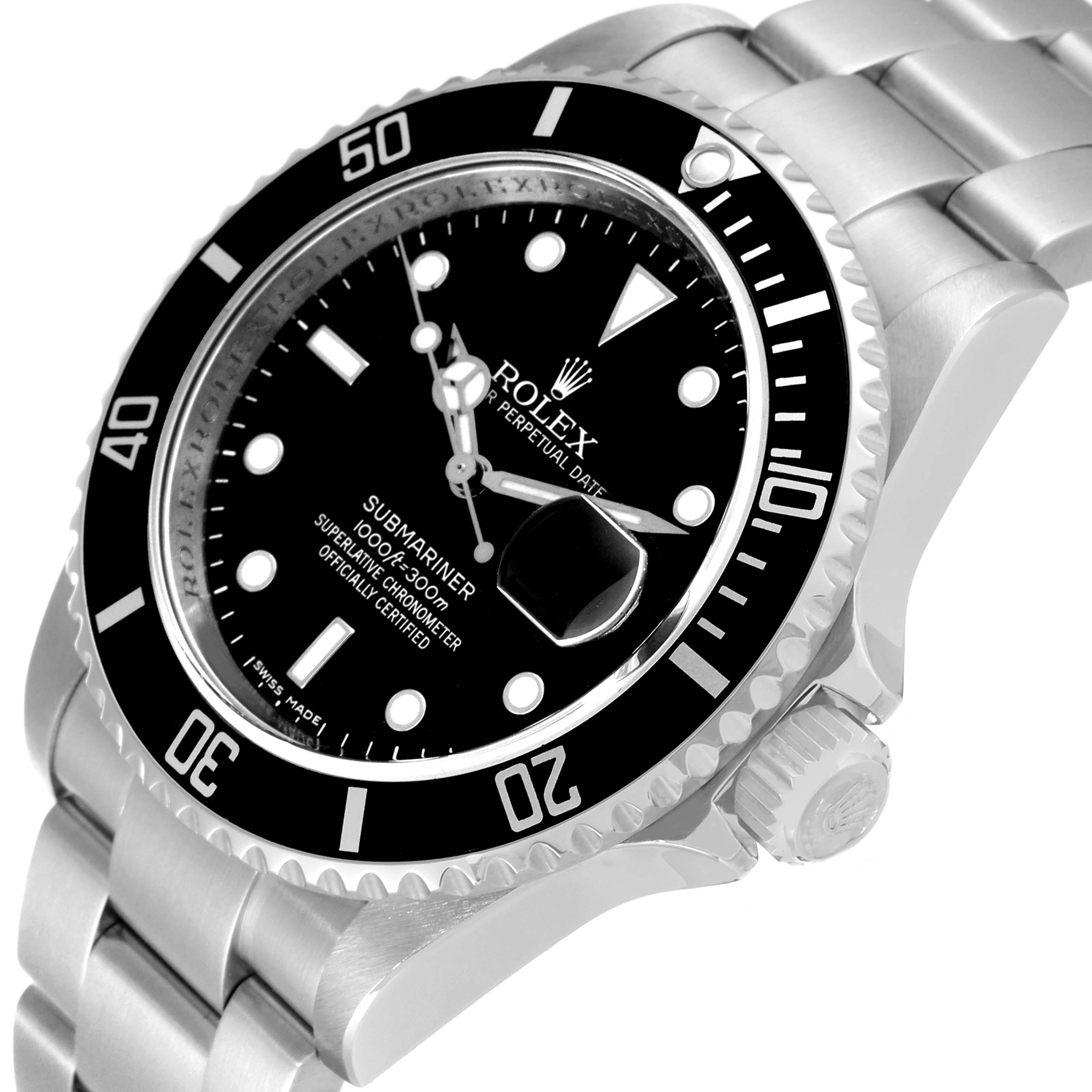 The image shows a close-up angle of the Rolex Submariner 16610 Men
s Stainless Steel Black Dial 16610 Men
s Stainless Steel Black Dial watch, highlighting the dial, bezel, and part of the bracelet.