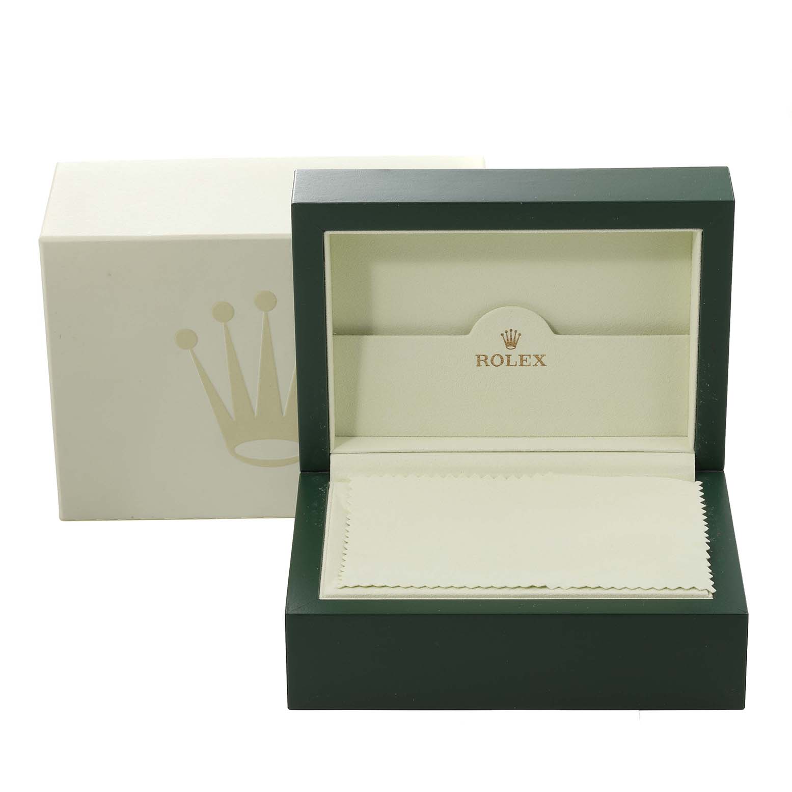 The image shows the packaging for a Rolex Submariner 16610 Men
s Stainless Steel Black Dial 16610 Men
s Stainless Steel Black Dial, including a green box and an outer white box with the Rolex crown logo.