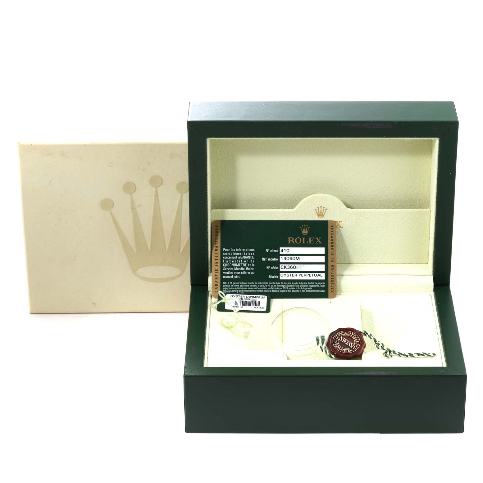 The image shows the box, papers, and accessories of a Rolex Submariner 14060M Men's Stainless Steel Black Dial 14060M Men's Stainless Steel Black Dial watch from a front angle.