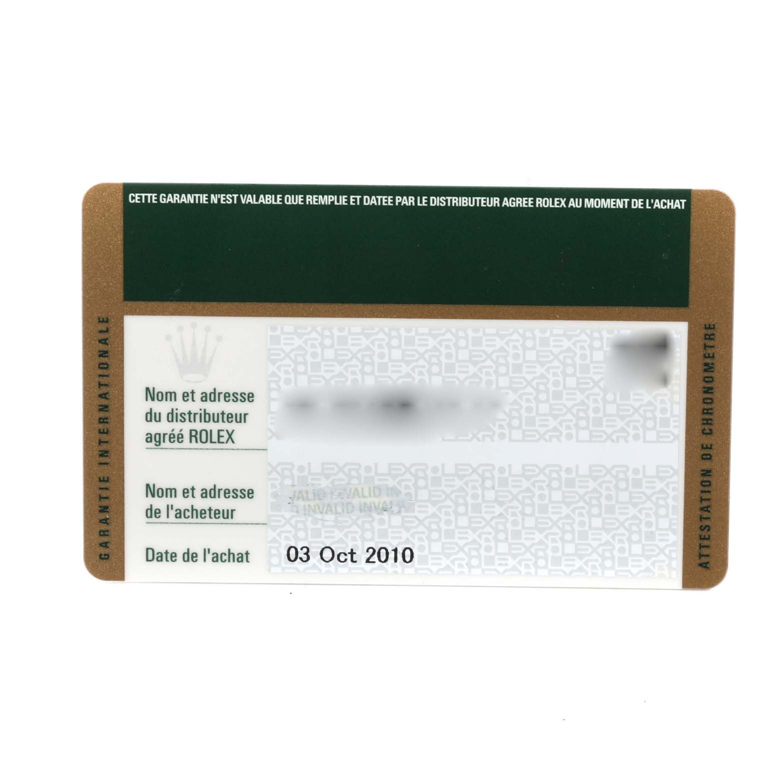 This is a top-view image of the warranty card for the Rolex Submariner 14060M Men's Stainless Steel Black Dial 14060M Men's Stainless Steel Black Dial model, displaying purchase details.