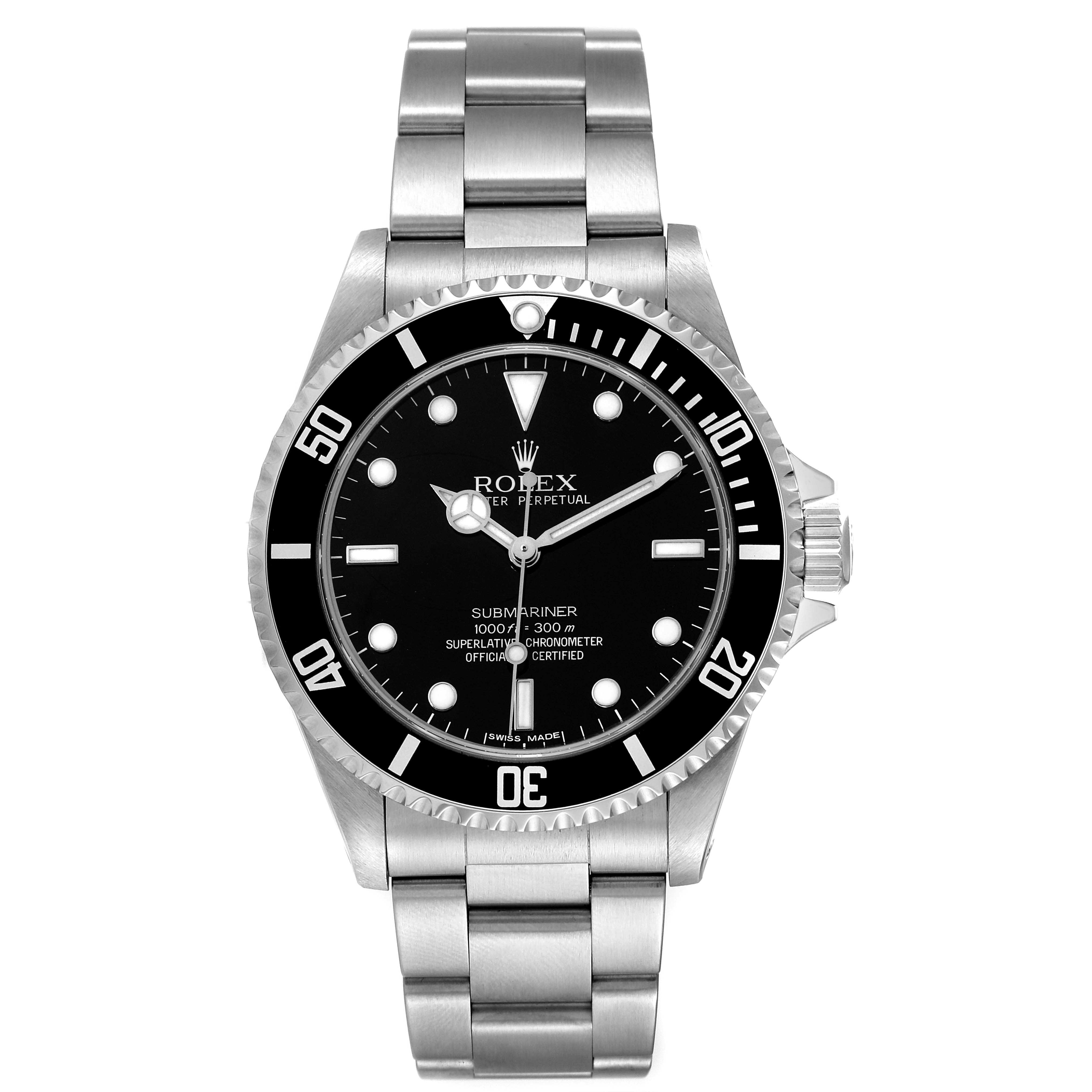 The image shows a front view of a Rolex Submariner 14060M Men's Stainless Steel Black Dial 14060M Men's Stainless Steel Black Dial watch with a black dial and stainless steel bracelet.