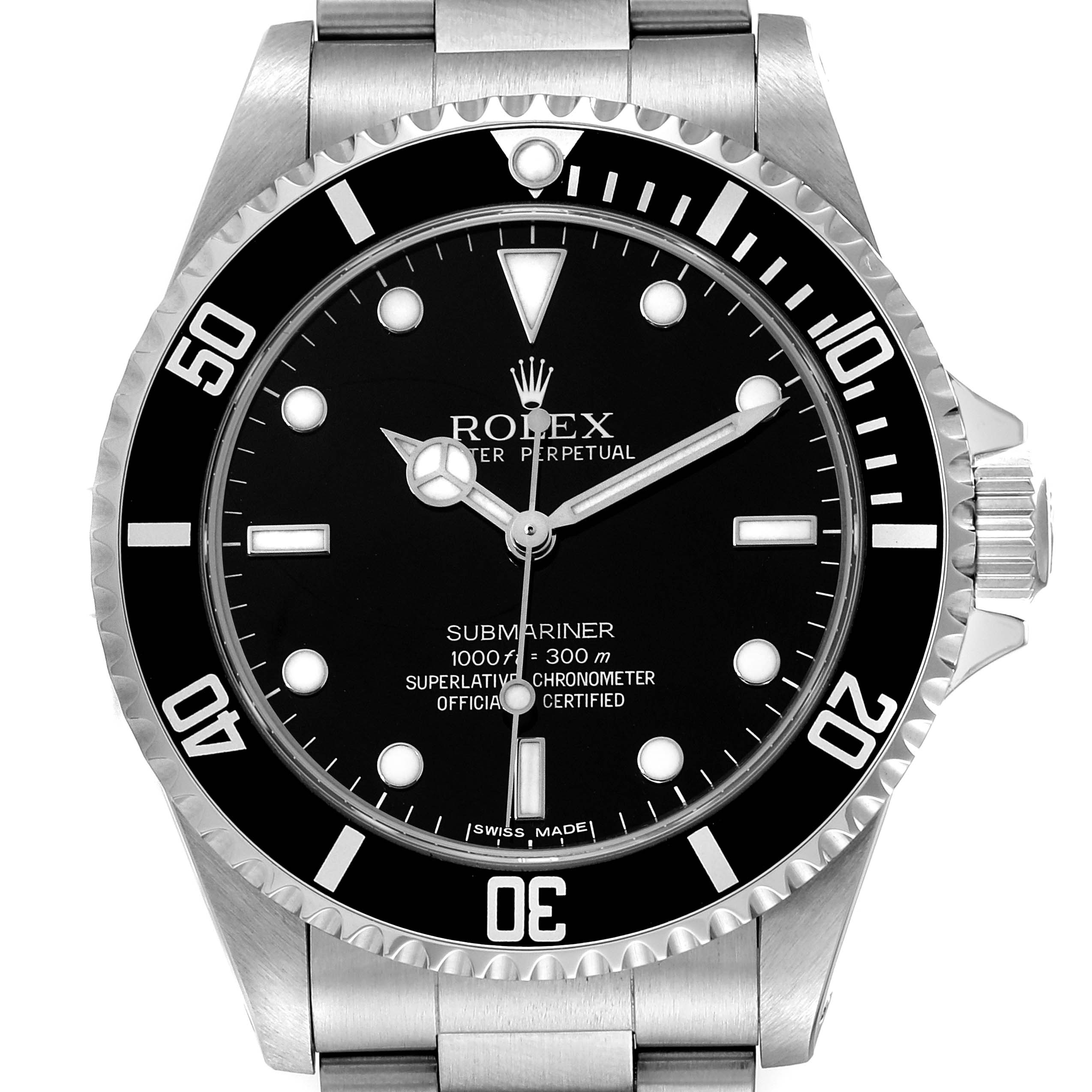 This image shows a front view of the Rolex Submariner 14060M Men's Stainless Steel Black Dial 14060M Men's Stainless Steel Black Dial watch, highlighting the face, bezel, and bracelet.