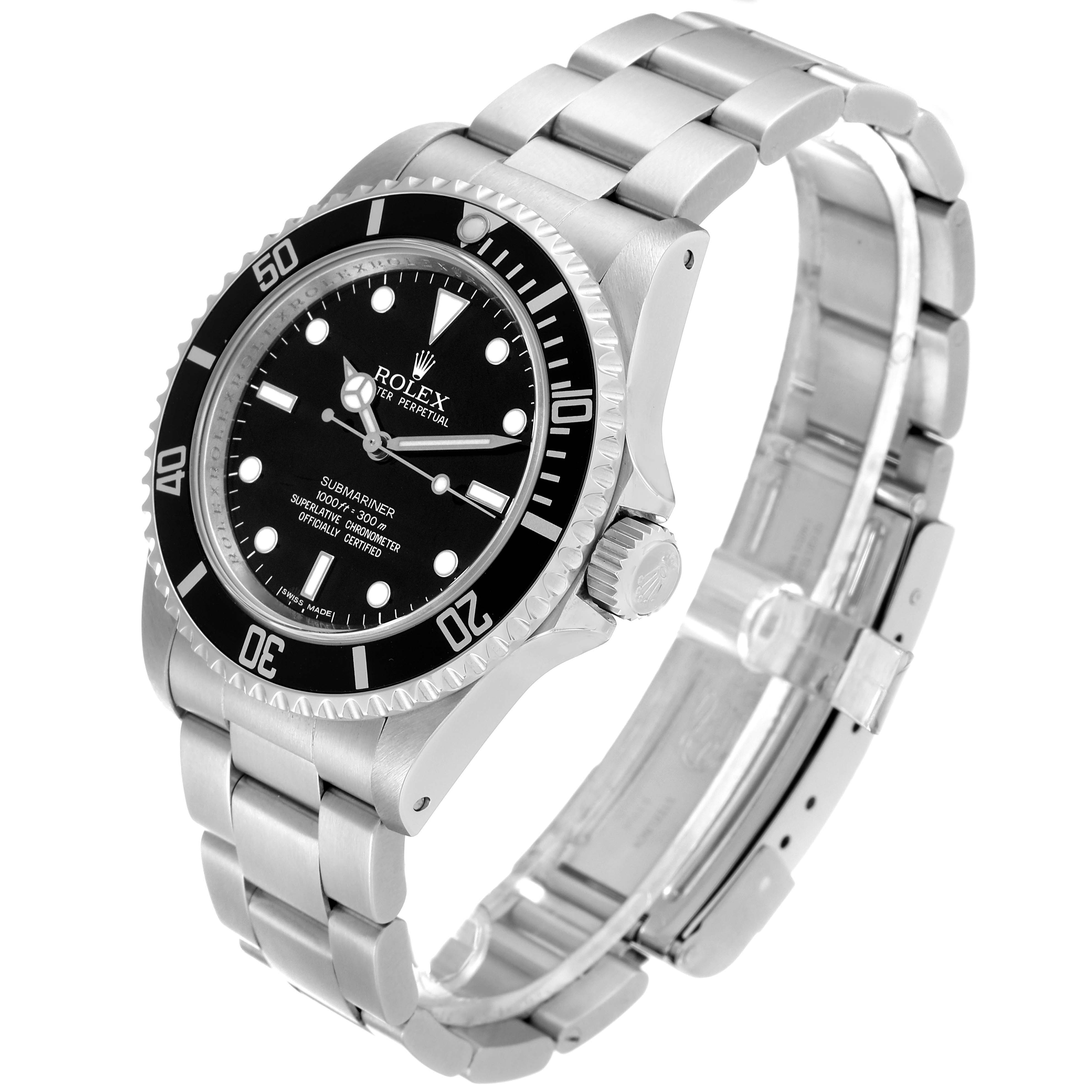 The Rolex Submariner 14060M Men's Stainless Steel Black Dial 14060M Men's Stainless Steel Black Dial watch is shown at an angle displaying its face, bezel, crown, and bracelet with the clasp open.