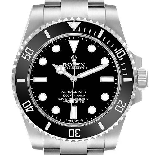 The Rolex Submariner 114060 Mens Stainless Steel Black Dial watch is shown from a frontal angle, displaying the dial, bezel, and part of the bracelet.