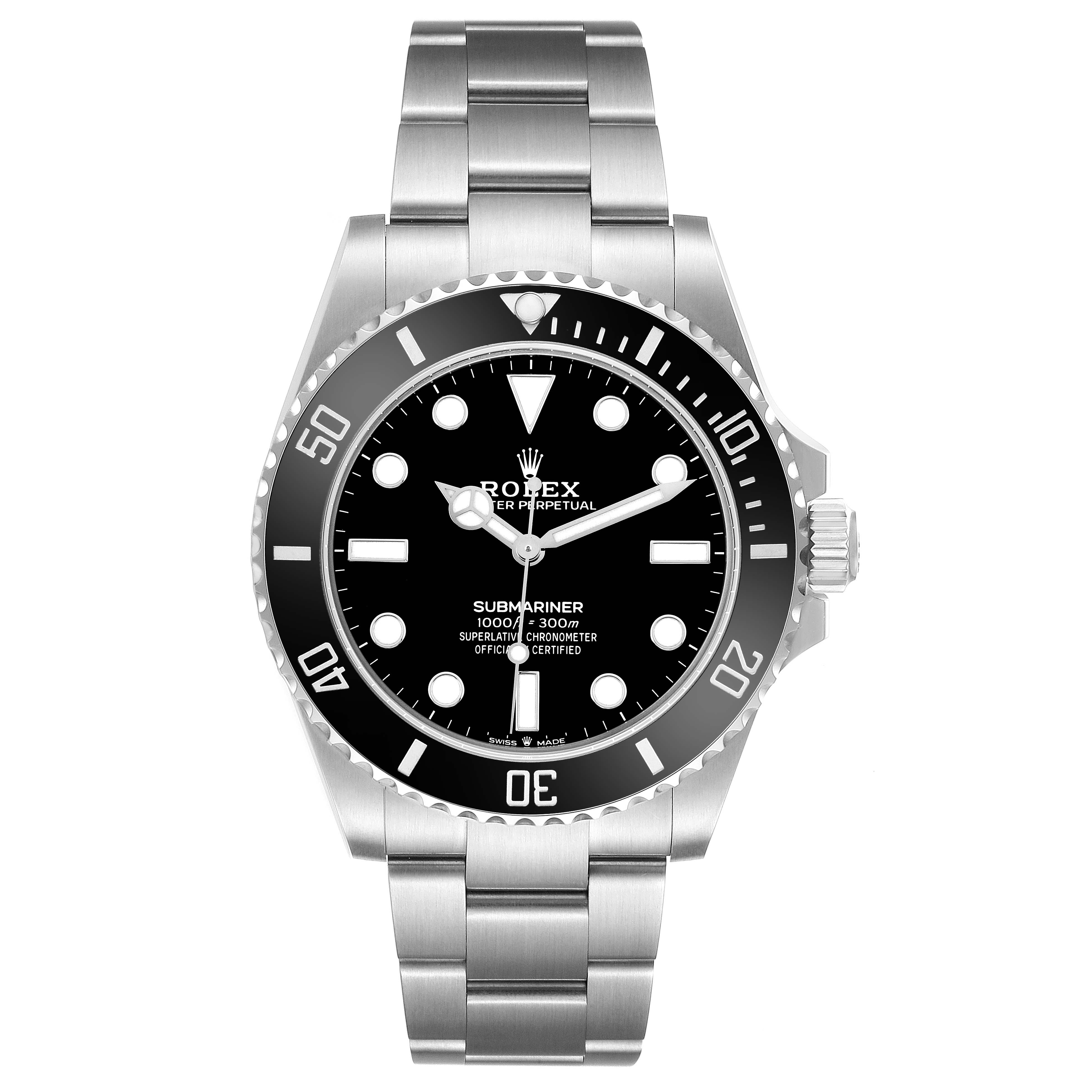 The Rolex Submariner M124060-0001 Men's Stainless Steel Black Dial watch is shown from a front angle, displaying its black dial, bezel, and stainless steel bracelet.