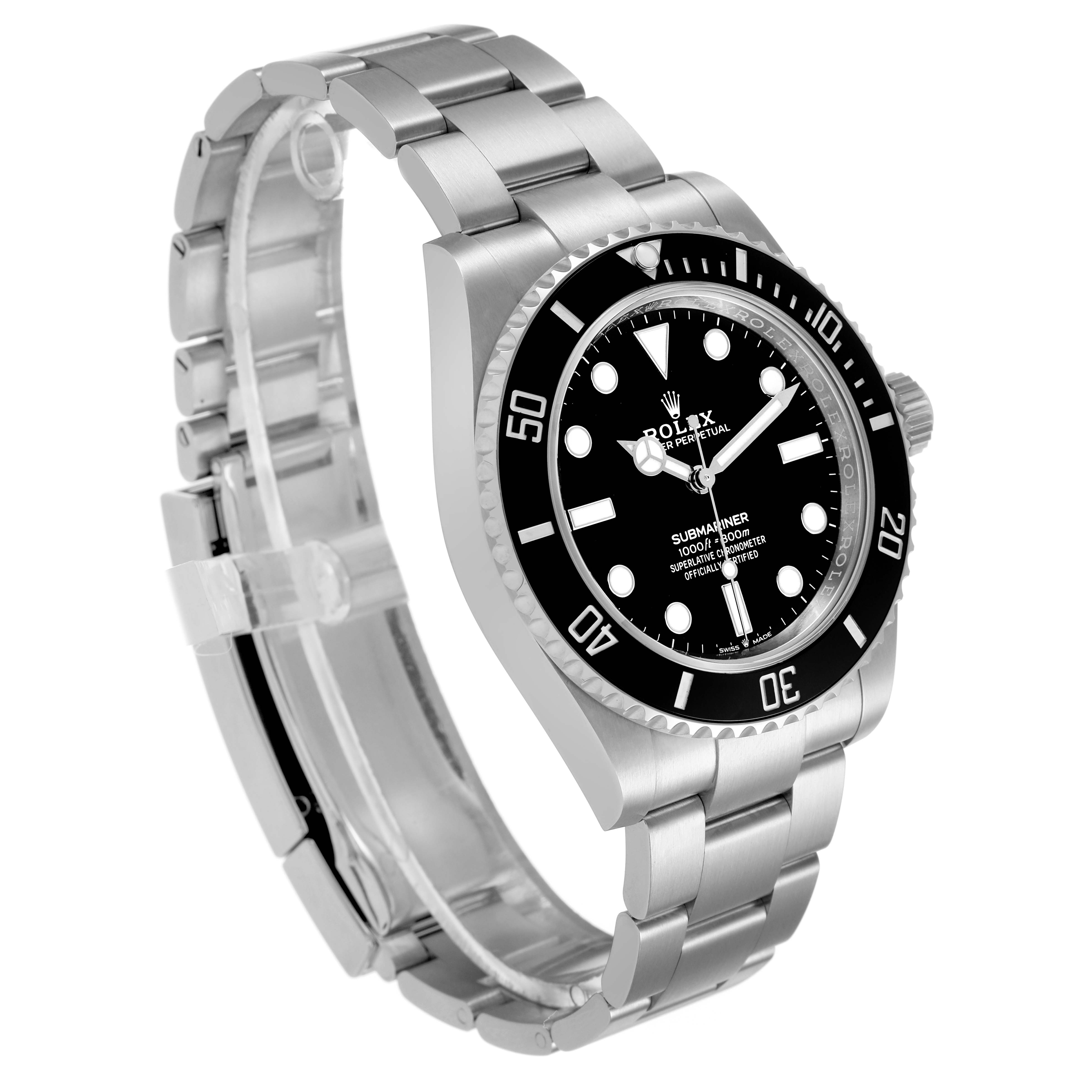 The Rolex Submariner M124060-0001 Men's Stainless Steel Black Dial watch is shown at a three-quarter angle, highlighting the face, bezel, bracelet, and clasp.