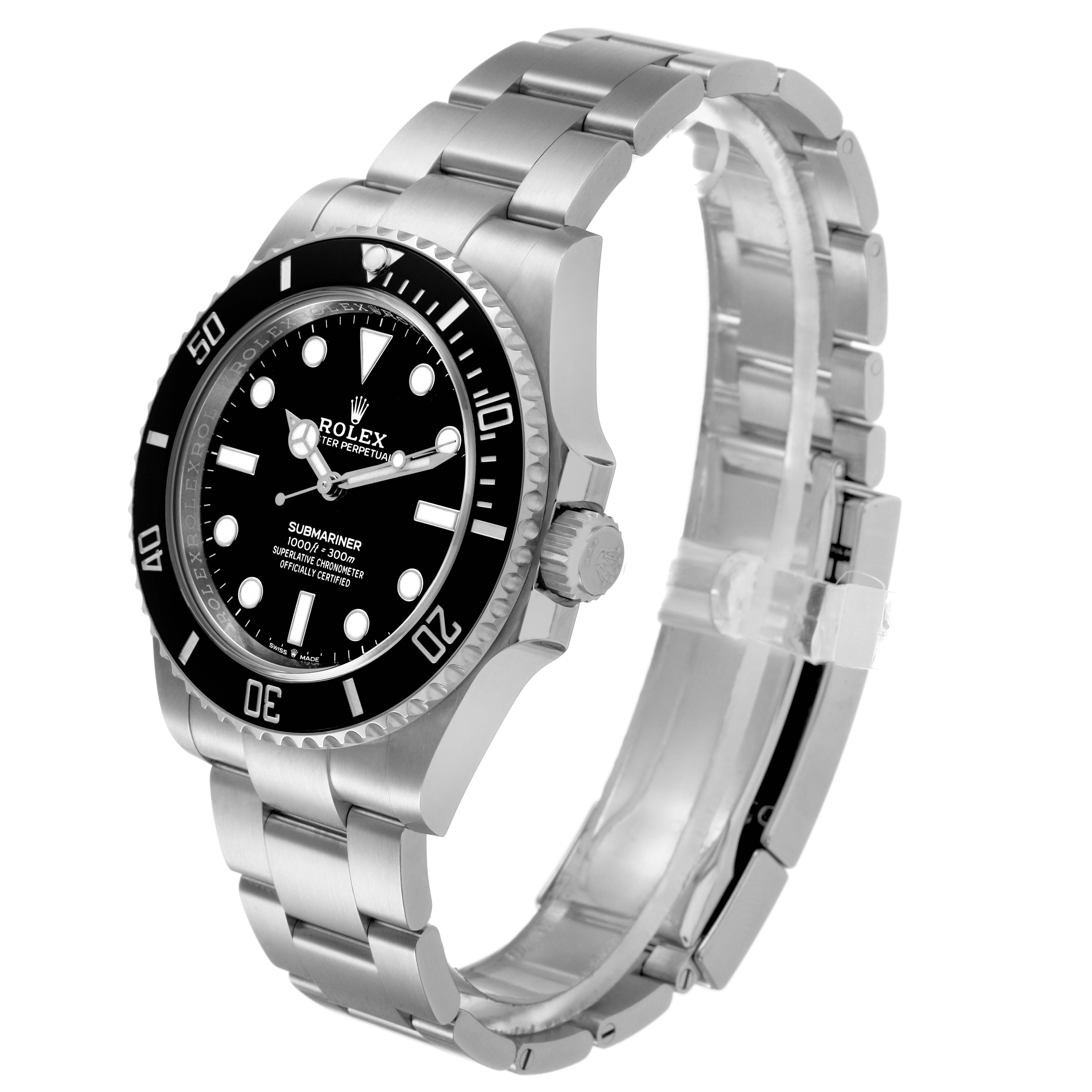 The Rolex Submariner M124060-0001 Men's Stainless Steel Black Dial watch is shown from a slightly tilted side angle displaying the face, bezel, crown, and bracelet.